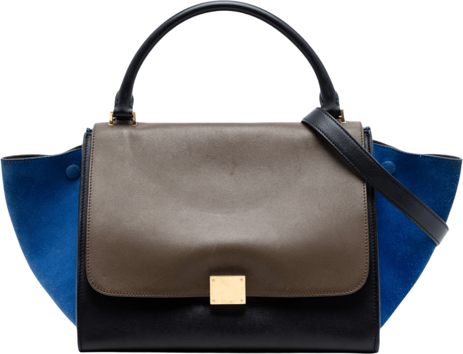 Celine Medium Tricolor Calfskin And Suede Trapeze Satchel, från Luxclusif, i färgen black.