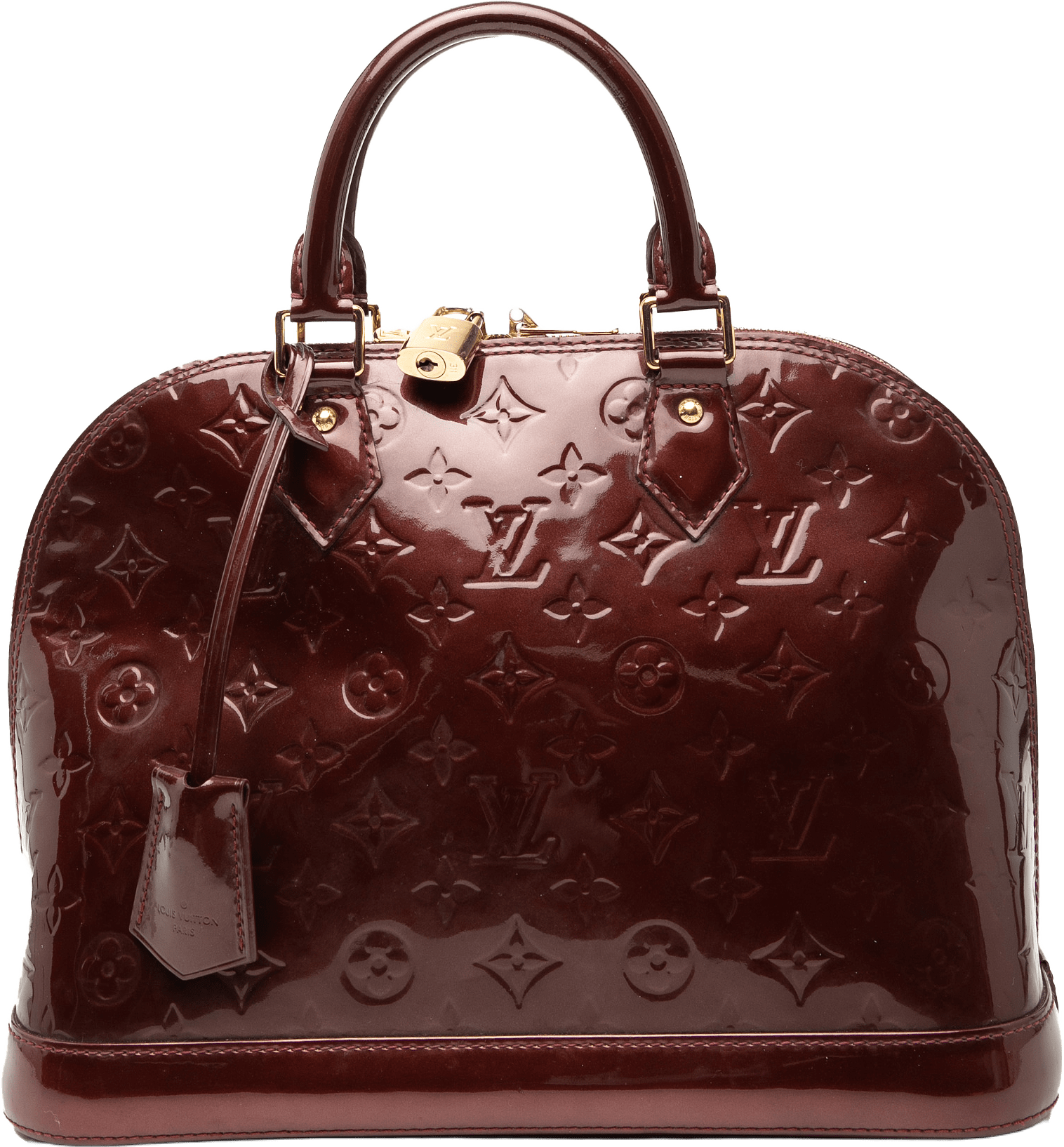 Louis Vuitton Monogram Vernis Alma Pm, från Luxclusif, i färgen burgundy.