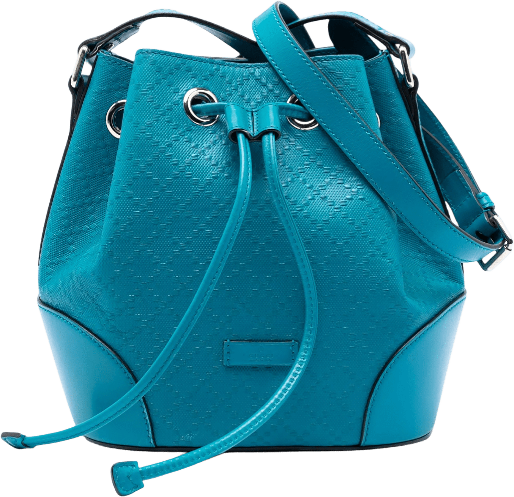 Gucci Diamante Leather Bright Bucket Bag, från Luxclusif, i färgen turquoise.