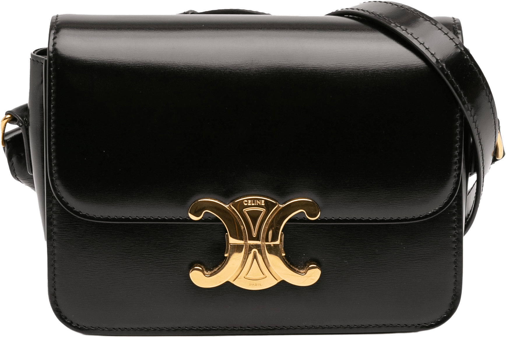 Celine Teen Shiny Calfskin Triomphe Crossbody, från Luxclusif, i färgen black.