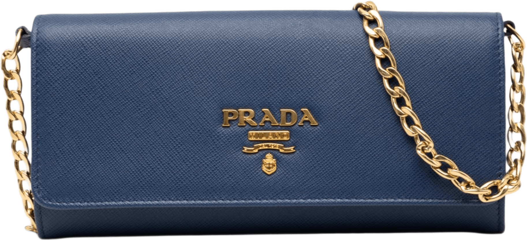 Prada Saffiano Wallet On Chain, från Luxclusif, i färgen blue.
