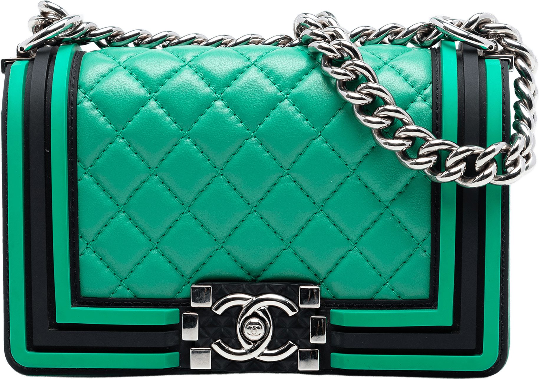 Chanel Small Bicolor Quilted Lambskin And Rubber Boy Flap, från Luxclusif, i färgen green.