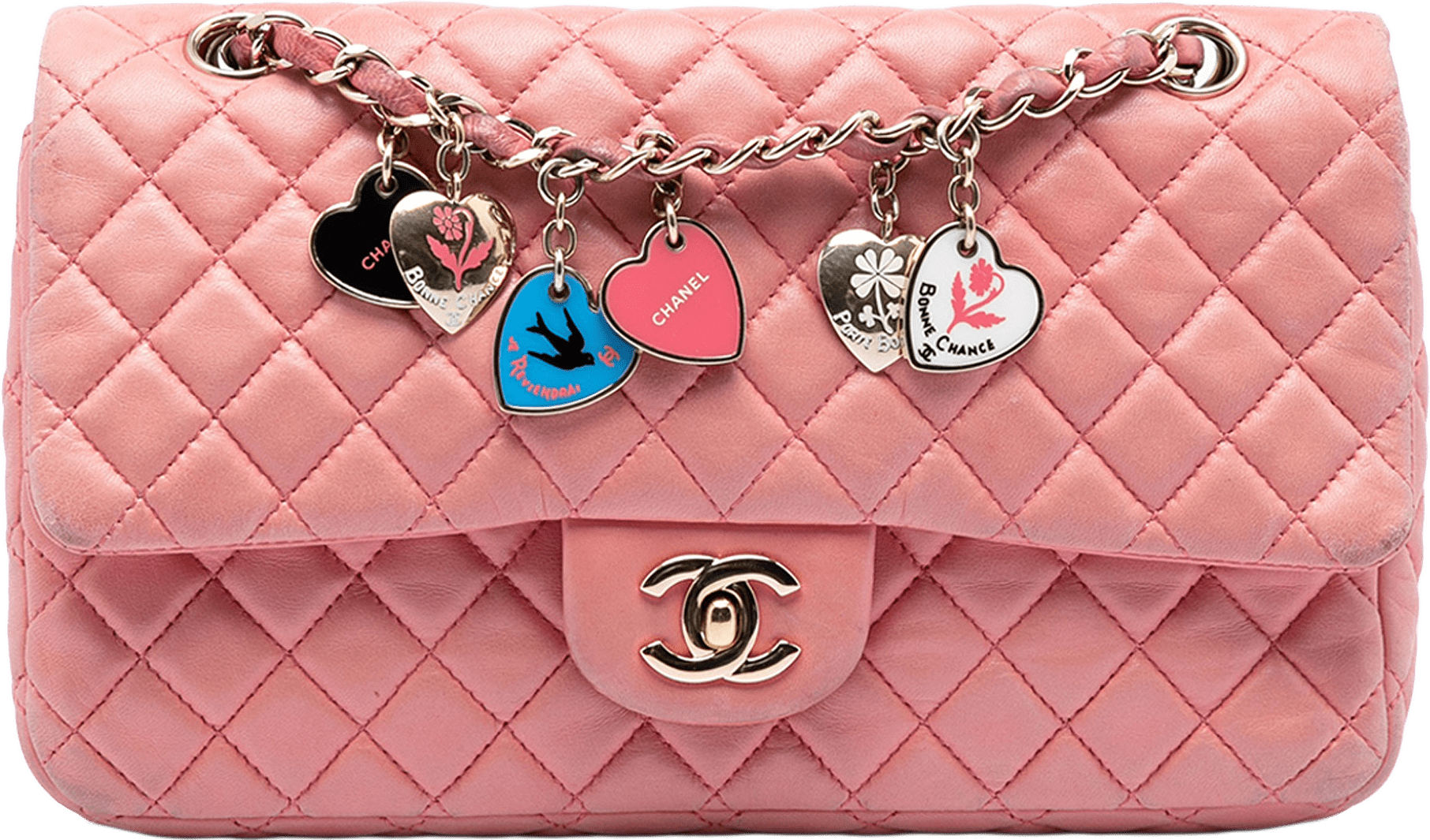 Chanel Medium Classic Lambskin Valentines Heart Charms Single Flap, från Luxclusif, i färgen pink.