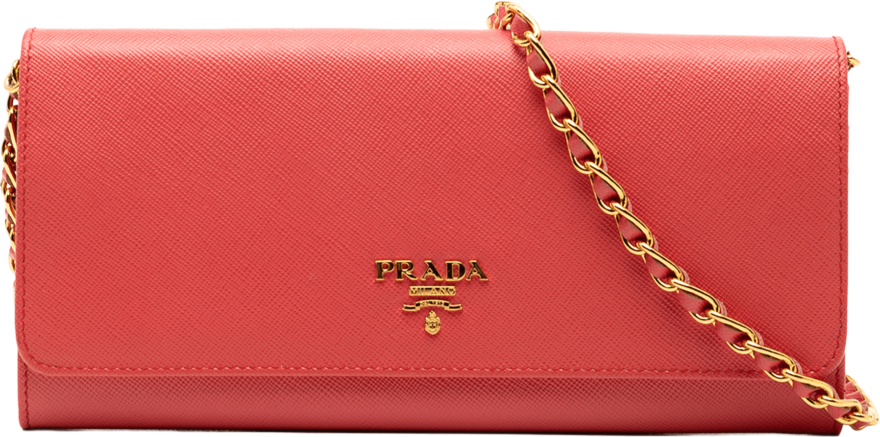 Prada Saffiano Lux Wallet On Chain, från Luxclusif, i färgen red.