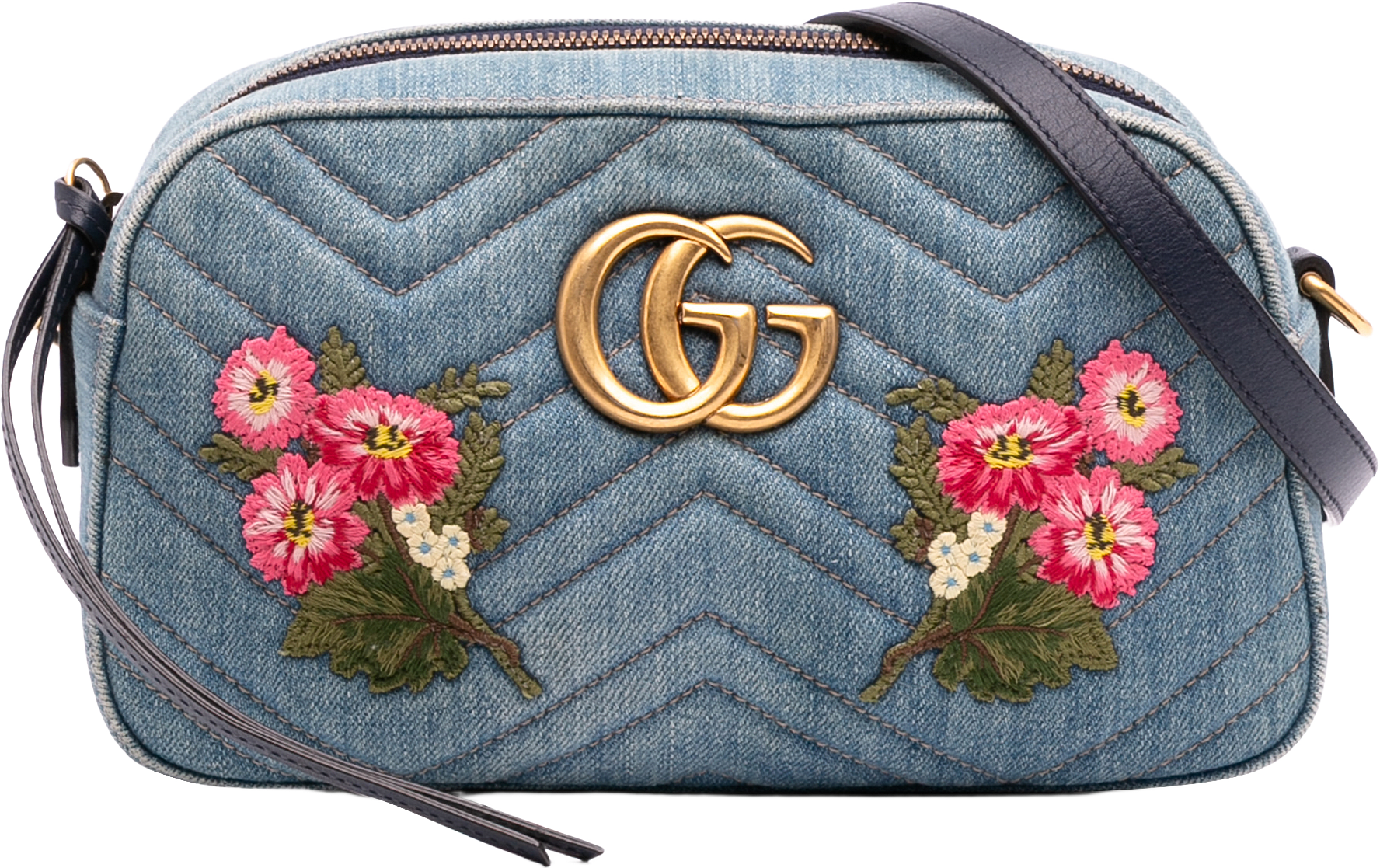 Gucci Small Gg Marmont Embroidered Matelasse Denim Crossbody, från Luxclusif, i färgen denim.