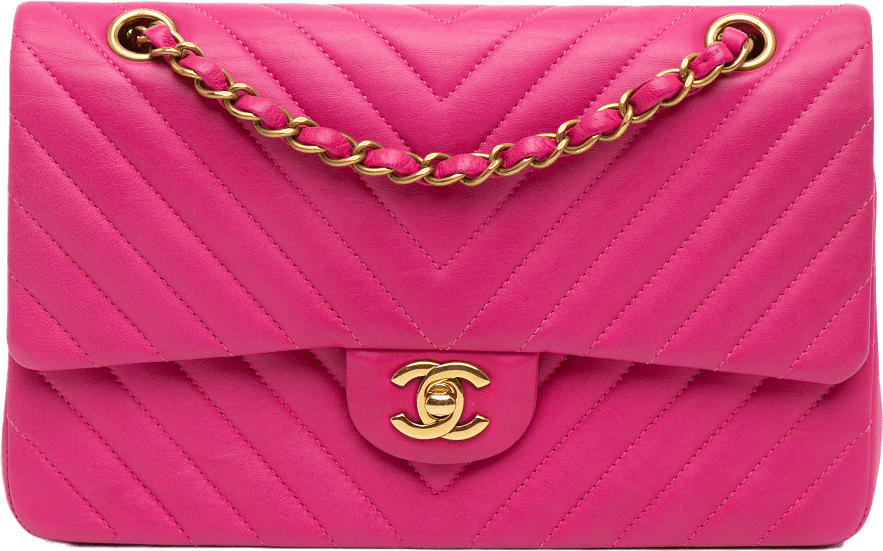 Chanel Medium Classic Chevron Lambskin Double Flap, från Luxclusif, i färgen pink.