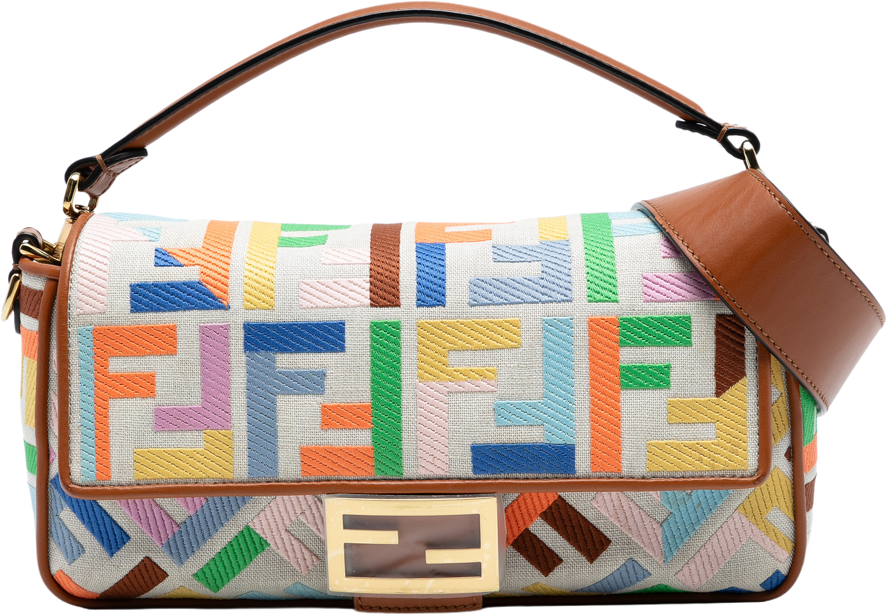 Fendi Zucca Embroidered Canvas Baguette Satchel, från Luxclusif, i färgen beige.