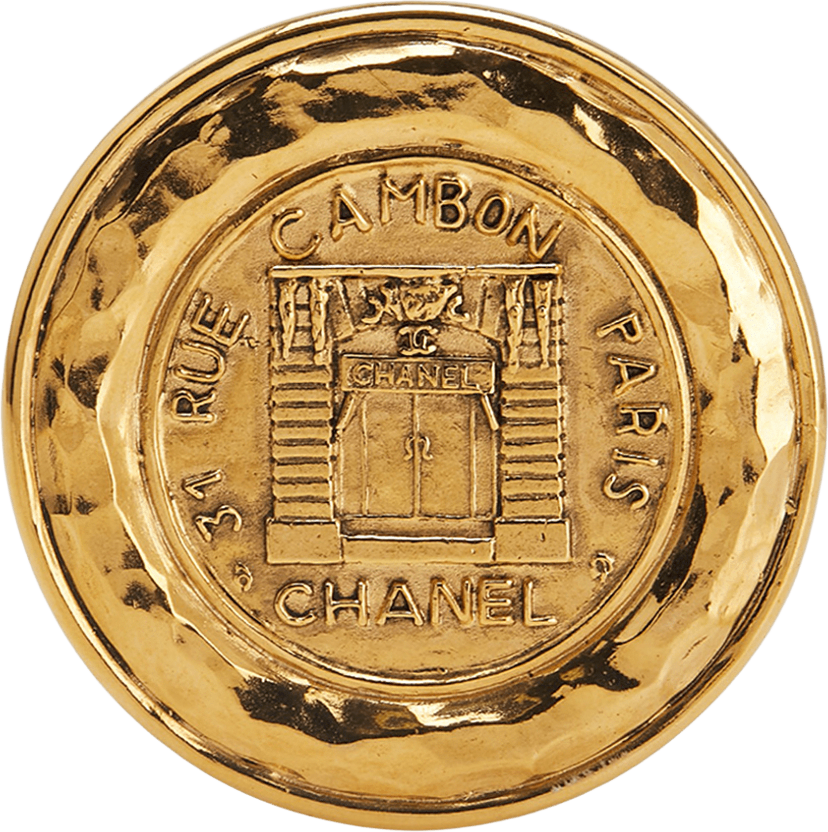 Chanel Gold Plated 31 Rue Cambon Round Brooch, från Luxclusif, i färgen gold.