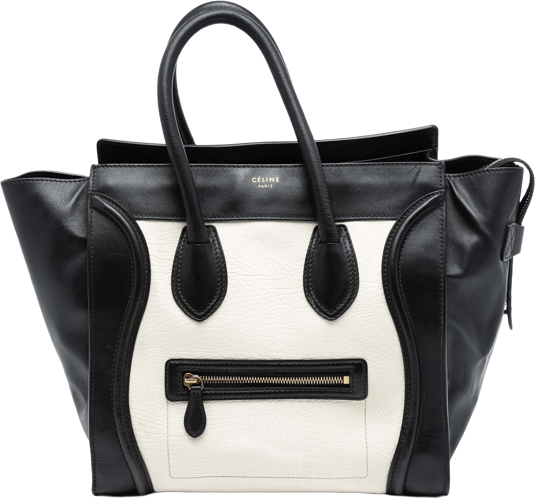 Celine Mini Bicolor Calfskin Luggage Tote, från Luxclusif, i färgen white.
