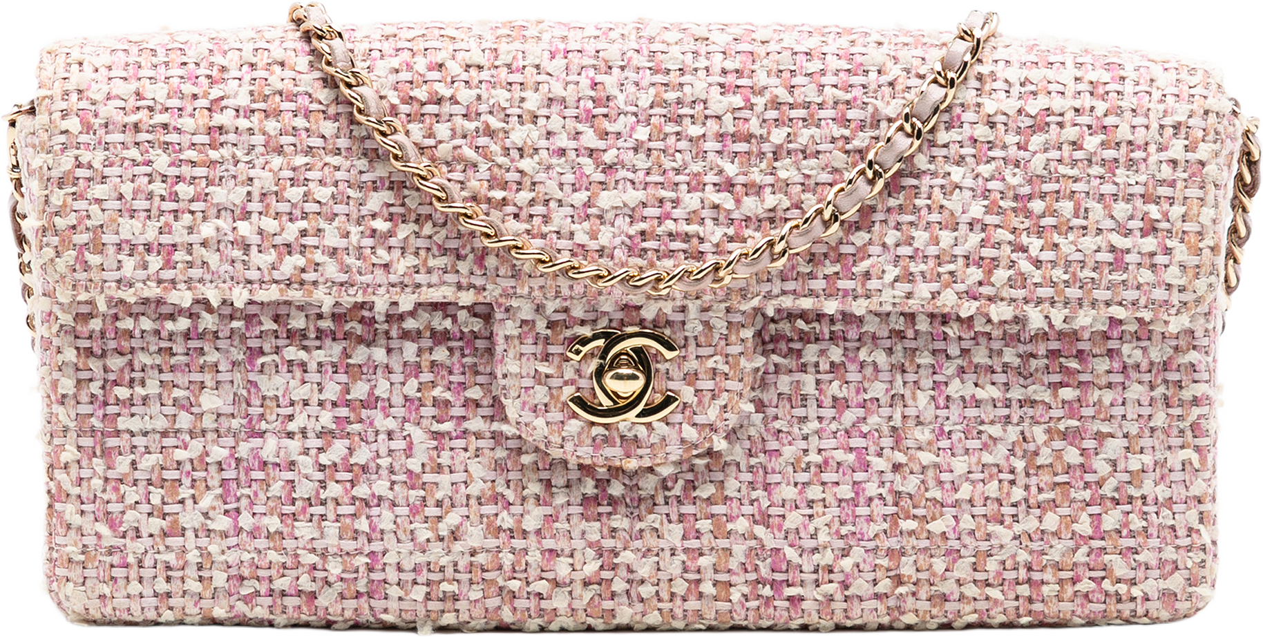 Chanel Cc Tweed East West Flap, från Luxclusif, i färgen light pink.