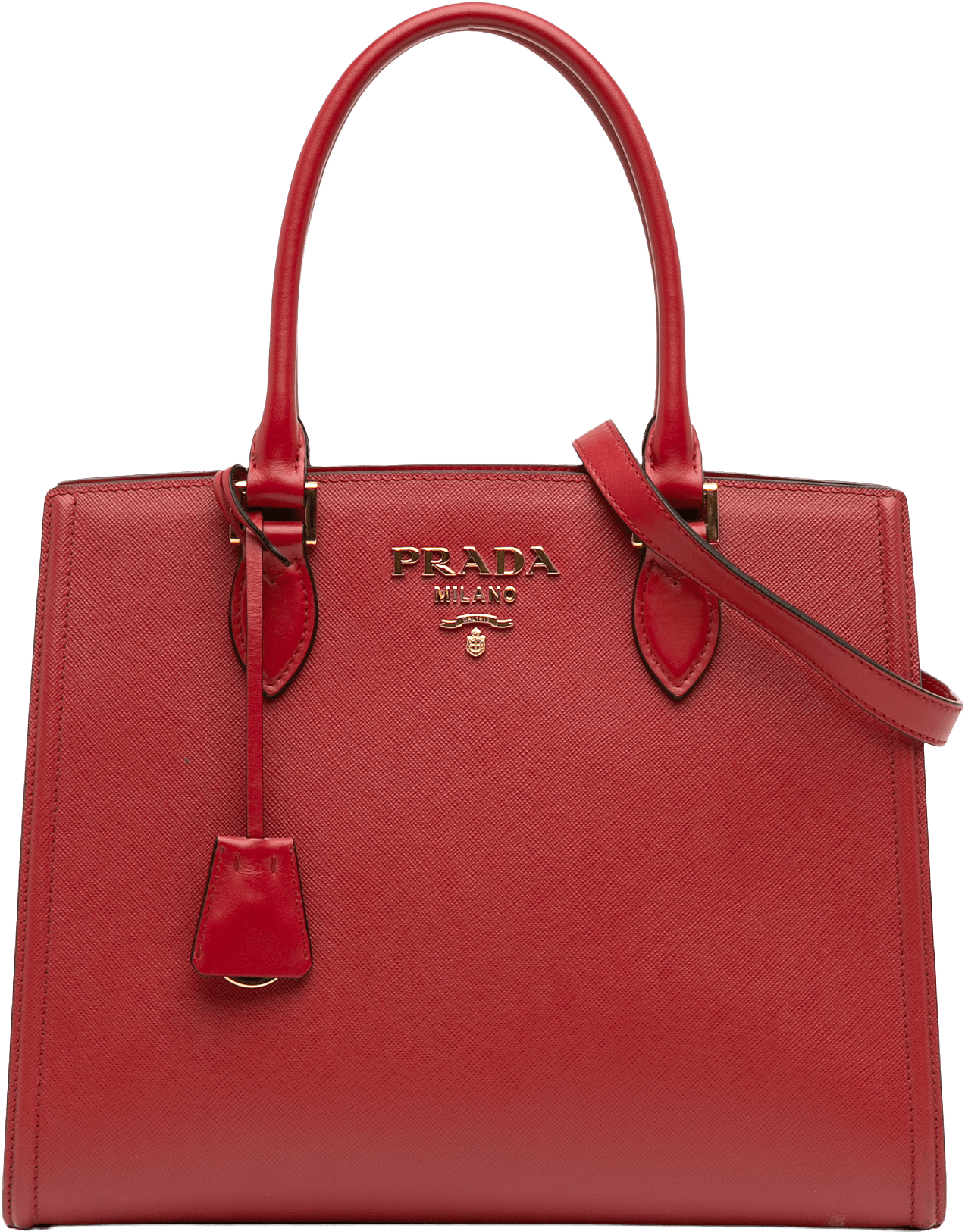 Prada Soft Calf Trimmed Saffiano Lux Satchel, från Luxclusif, i färgen red.
