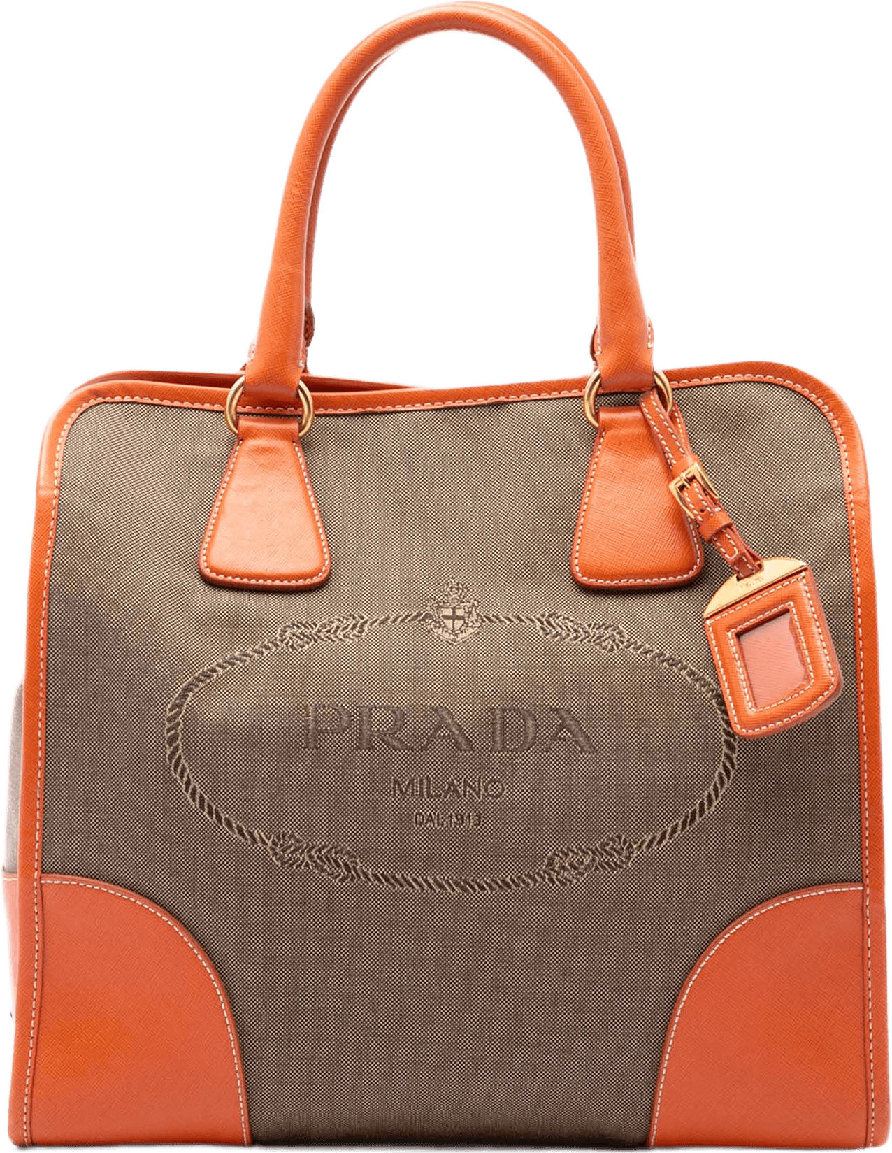 Prada Saffiano Trimmed Canvas Canapa Logo Satchel, från Luxclusif, i färgen brun.