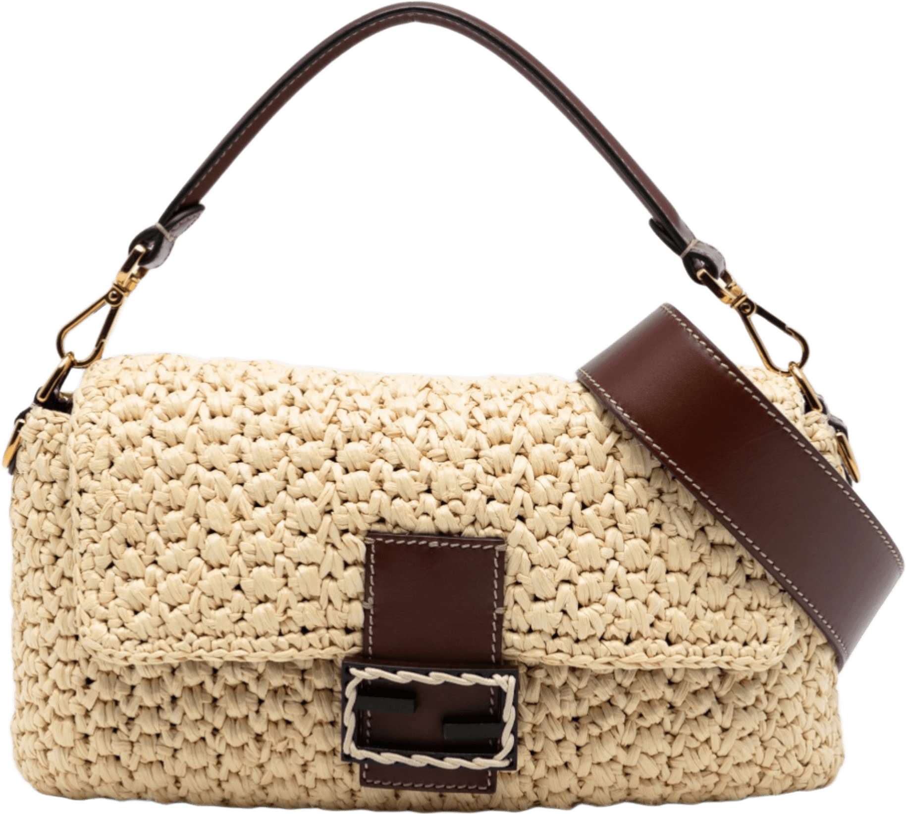 Fendi Crochet Raffia Baguette Satchel, från Luxclusif, i färgen beige.