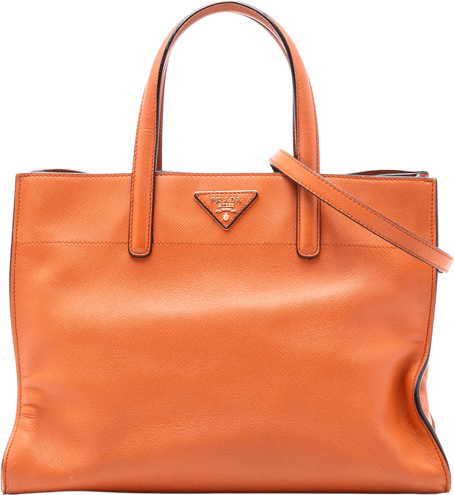 Prada Saffiano Soft Triple Pocket Tote, från Luxclusif, i färgen orange.