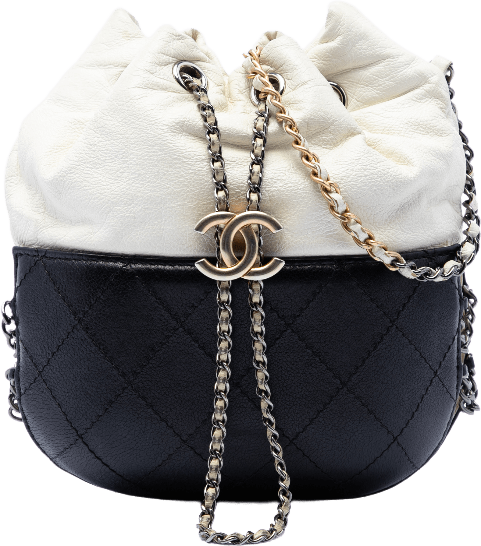 Chanel Small Bicolor Quilted Calfskin Gabrielle Bucket Bag, från Luxclusif, i färgen white.