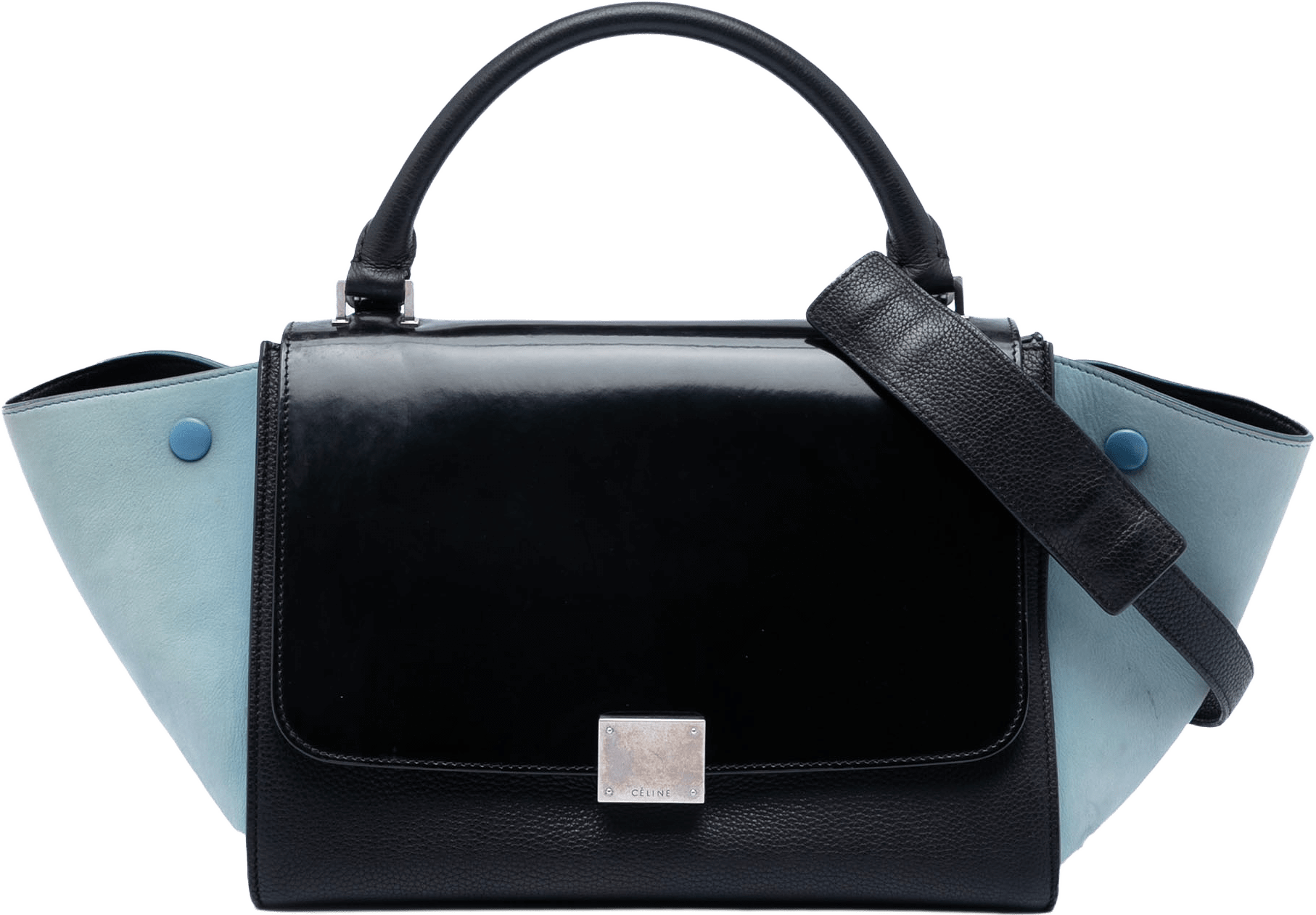 Celine Small Bicolor Leather Trapeze Satchel, från Luxclusif, i färgen black.