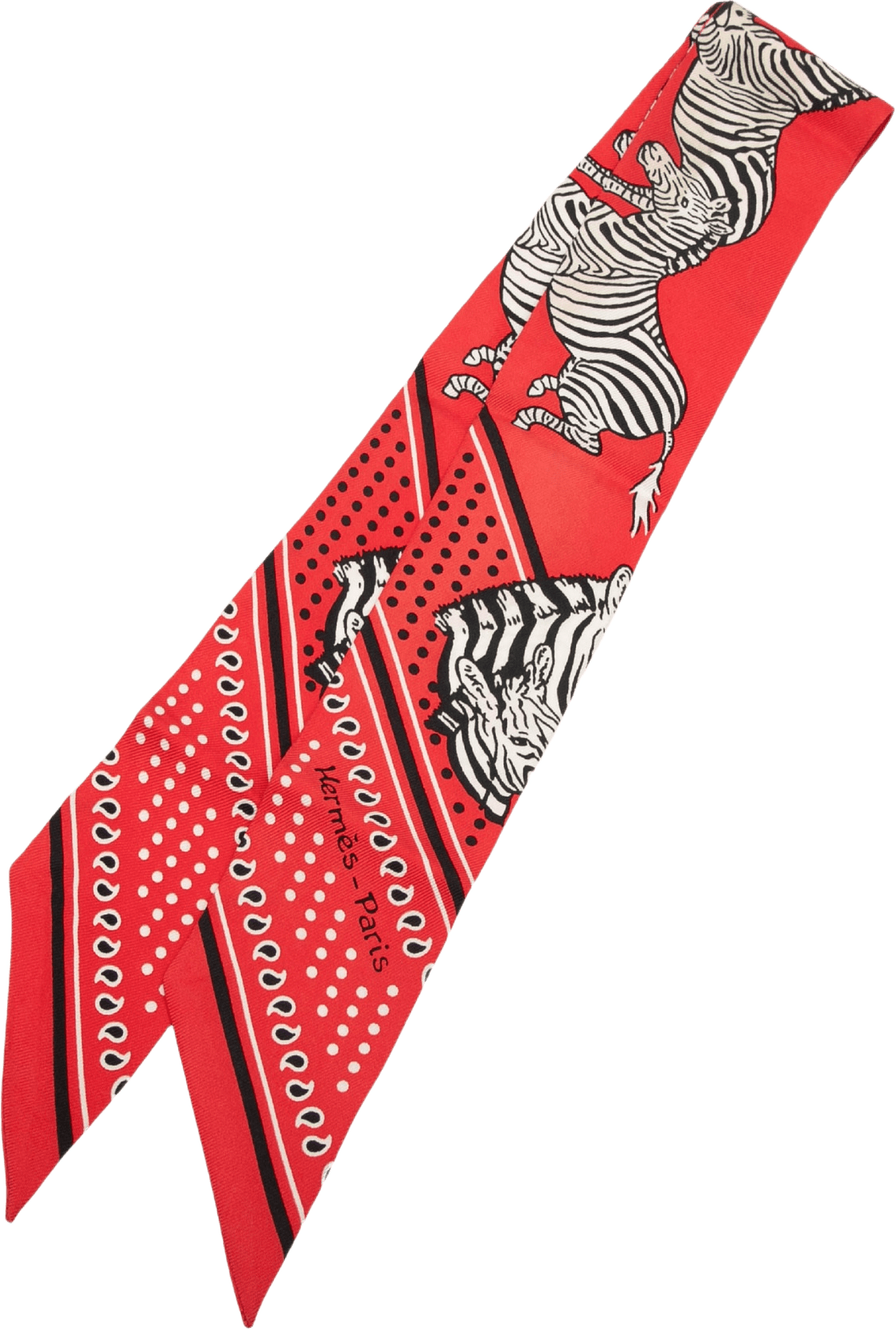 Hermès Les Zebres Silk Twilly Scarf, från Luxclusif, i färgen röd.