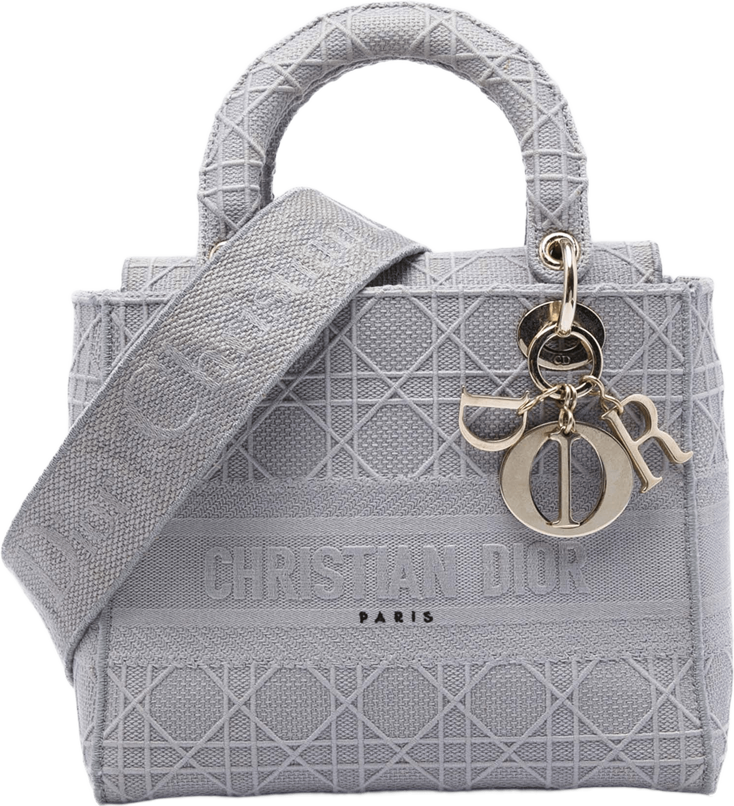 Dior Medium Embroidered Canvas Cannage Lady D Lite, från Luxclusif, i färgen grå.