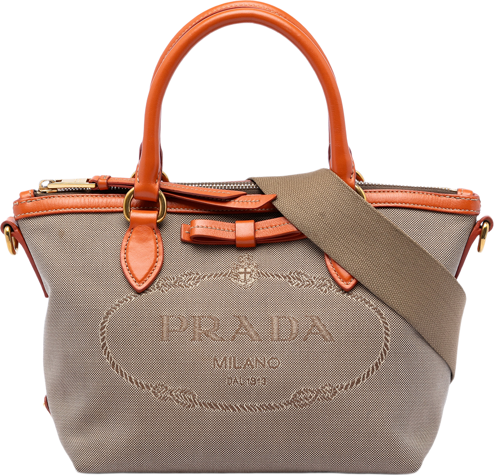 Prada Canvas Canapa Logo Bow Satchel, från Luxclusif, i färgen beige.