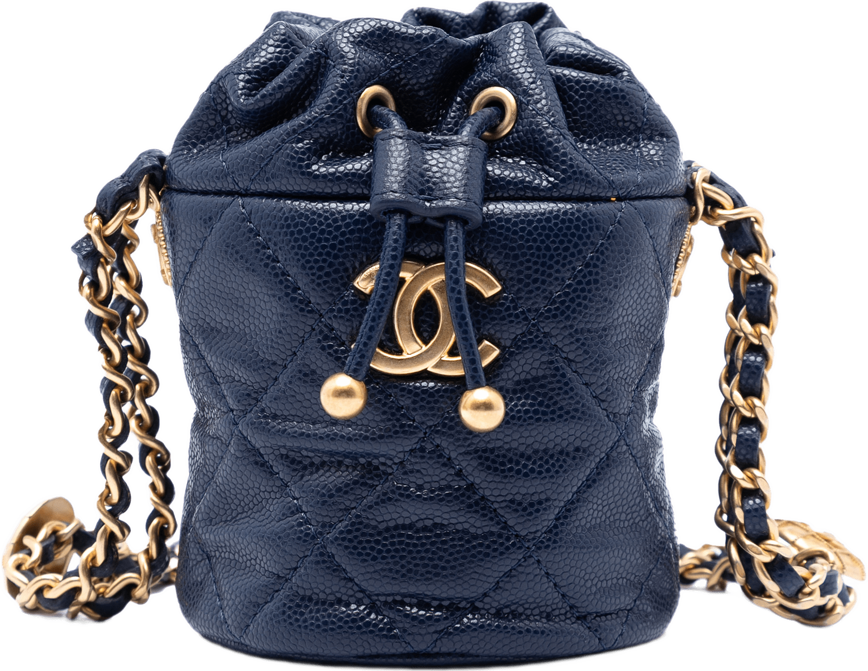 Chanel Mini Quilted Caviar Medallion Charms Drawstring Bucket Bag, från Luxclusif, i färgen navy.