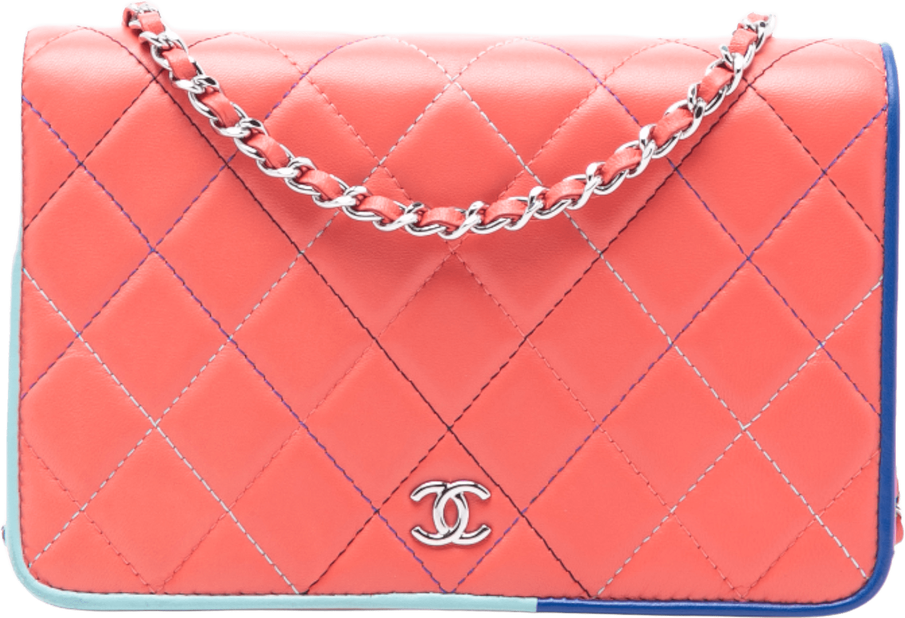 Chanel Cc Quilted Lambskin Multicolor Border Full Flap Wallet On Chain, från Luxclusif, i färgen blush.