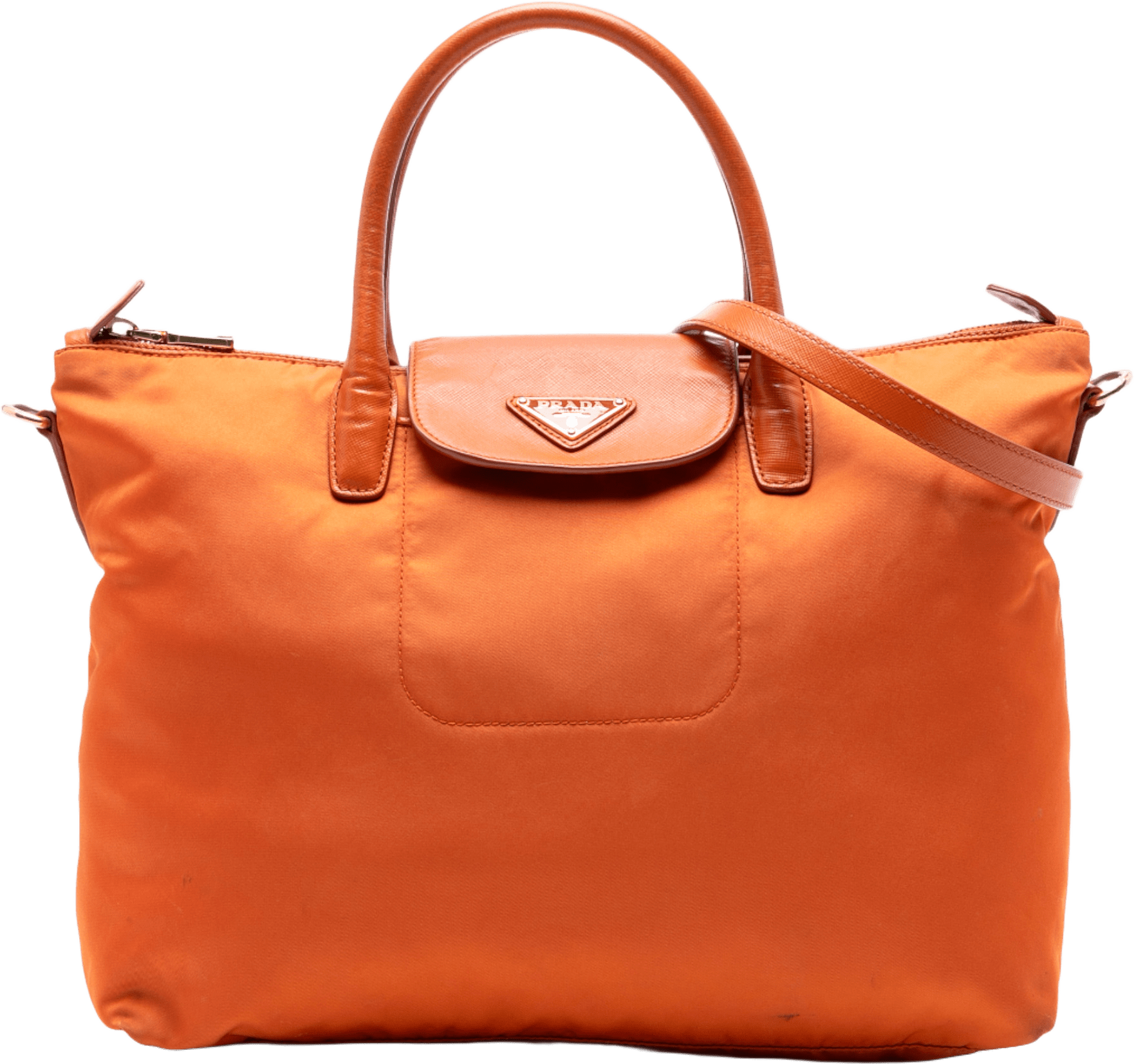Prada Saffiano Trimmed Tessuto Satchel, från Luxclusif, i färgen orange.