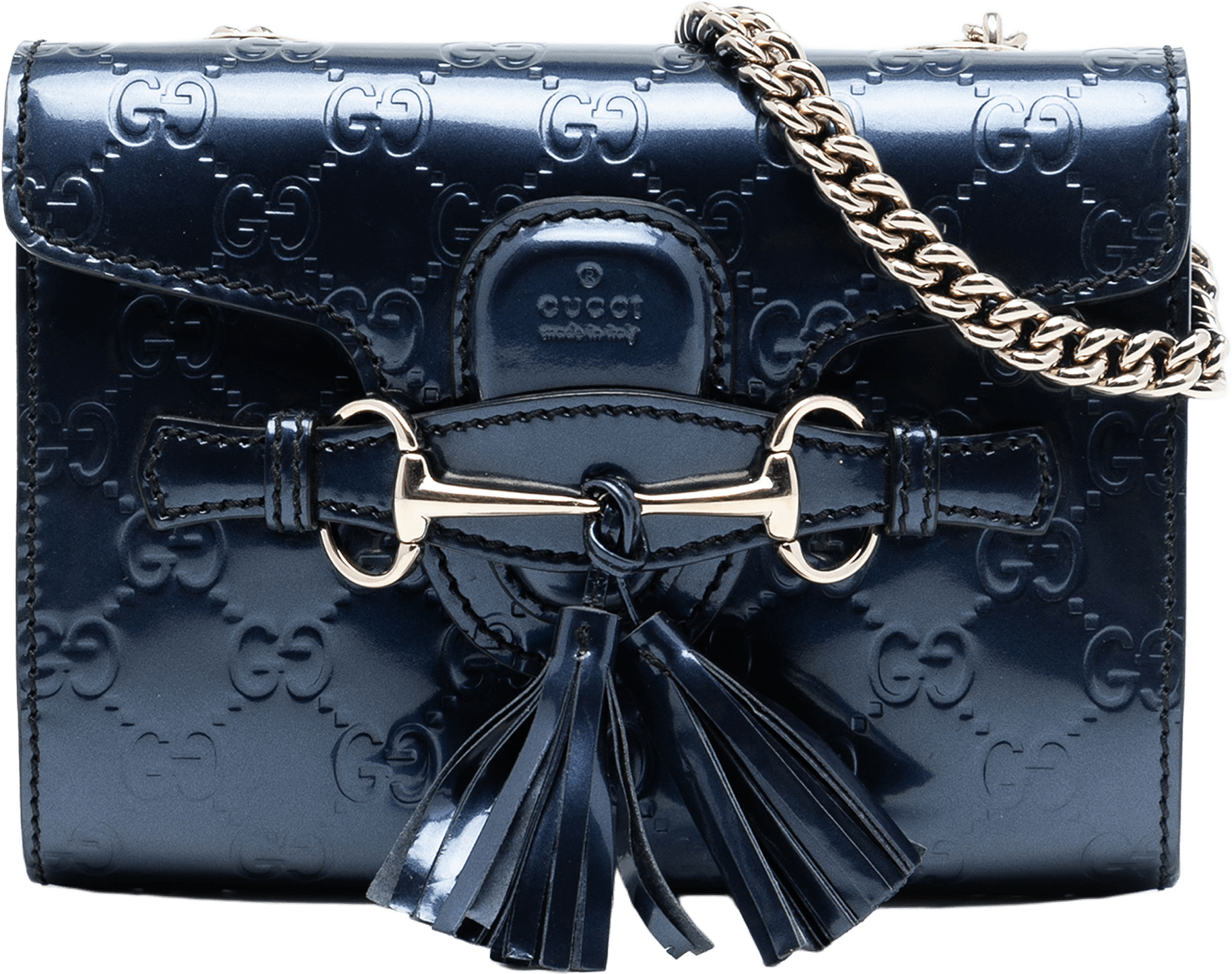 Gucci Mini Patent Guccissima Emily Crossbody, från Luxclusif, i färgen dark blue.