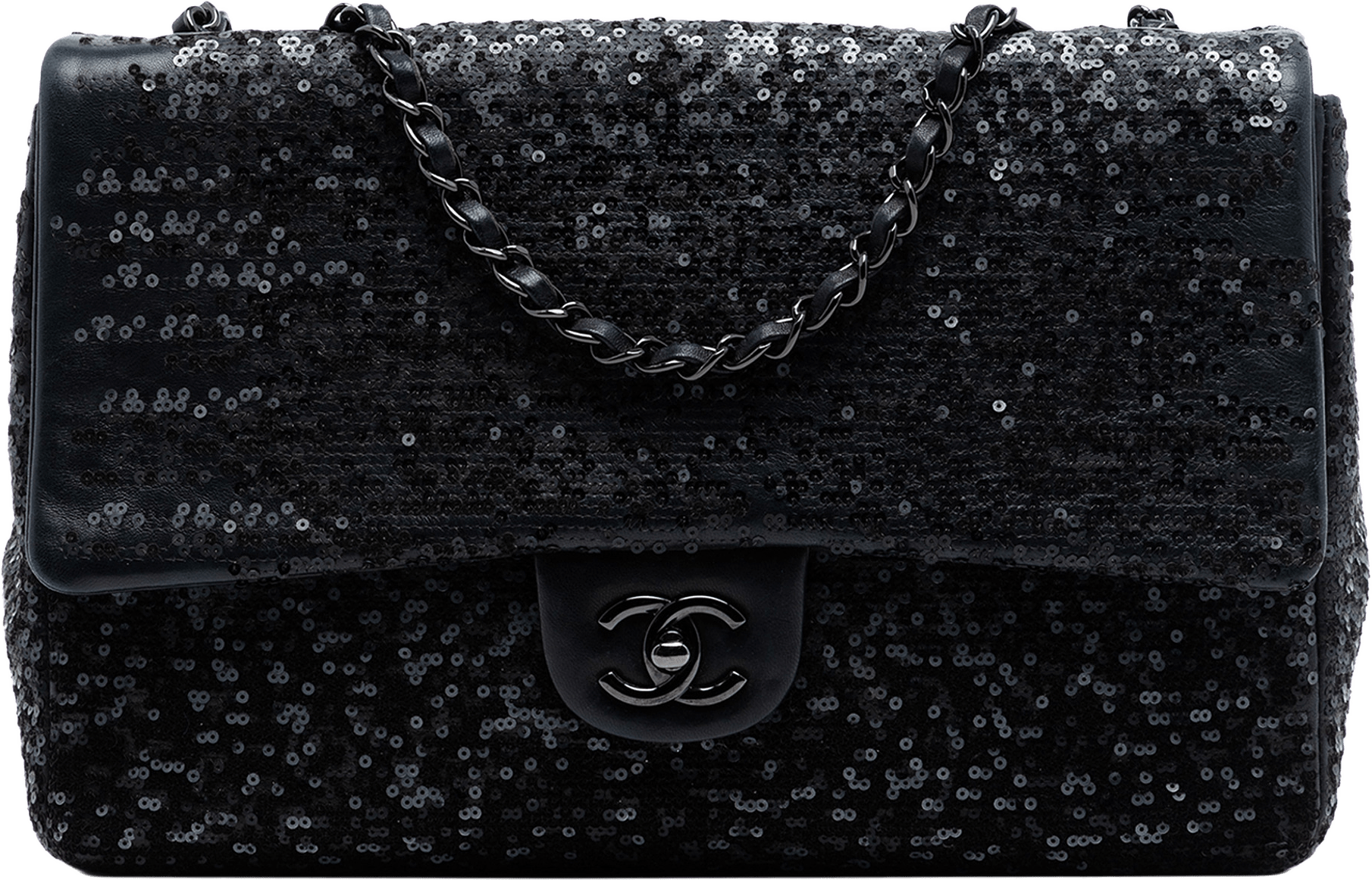 Chanel Jumbo Classic Sequins Single Flap, från Luxclusif, i färgen black.