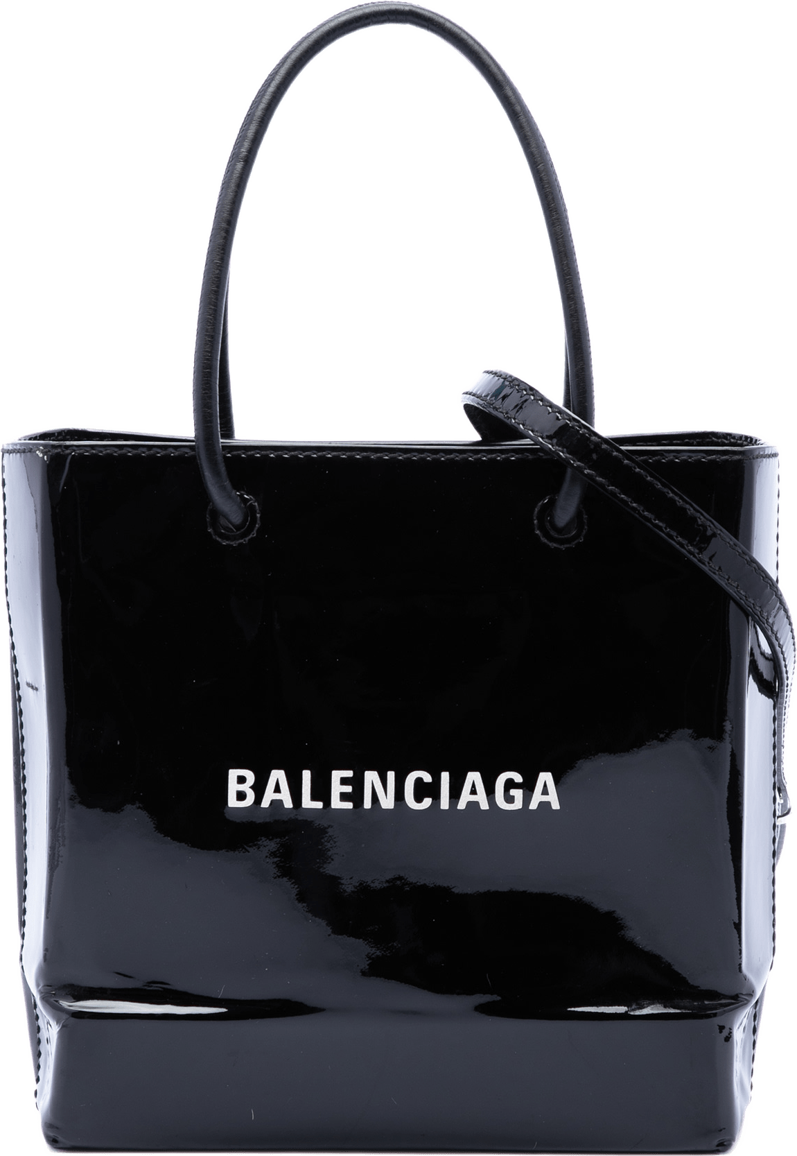 Balenciaga Patent Logo Shopping Tote Xxs, från Luxclusif, i färgen svart.