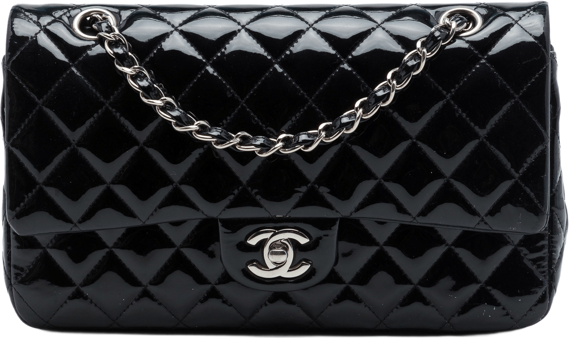 Chanel Medium Classic Patent Double Flap, från Luxclusif, i färgen svart.