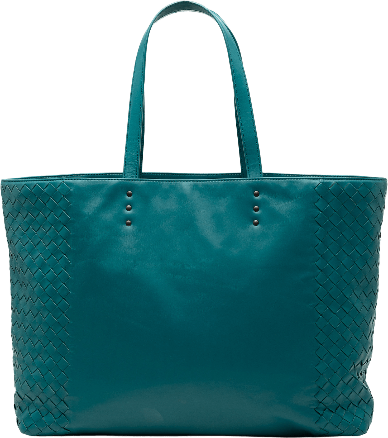 Bottega Veneta Intrecciato Trimmed Nappa Tote, från Luxclusif, i färgen peacock.