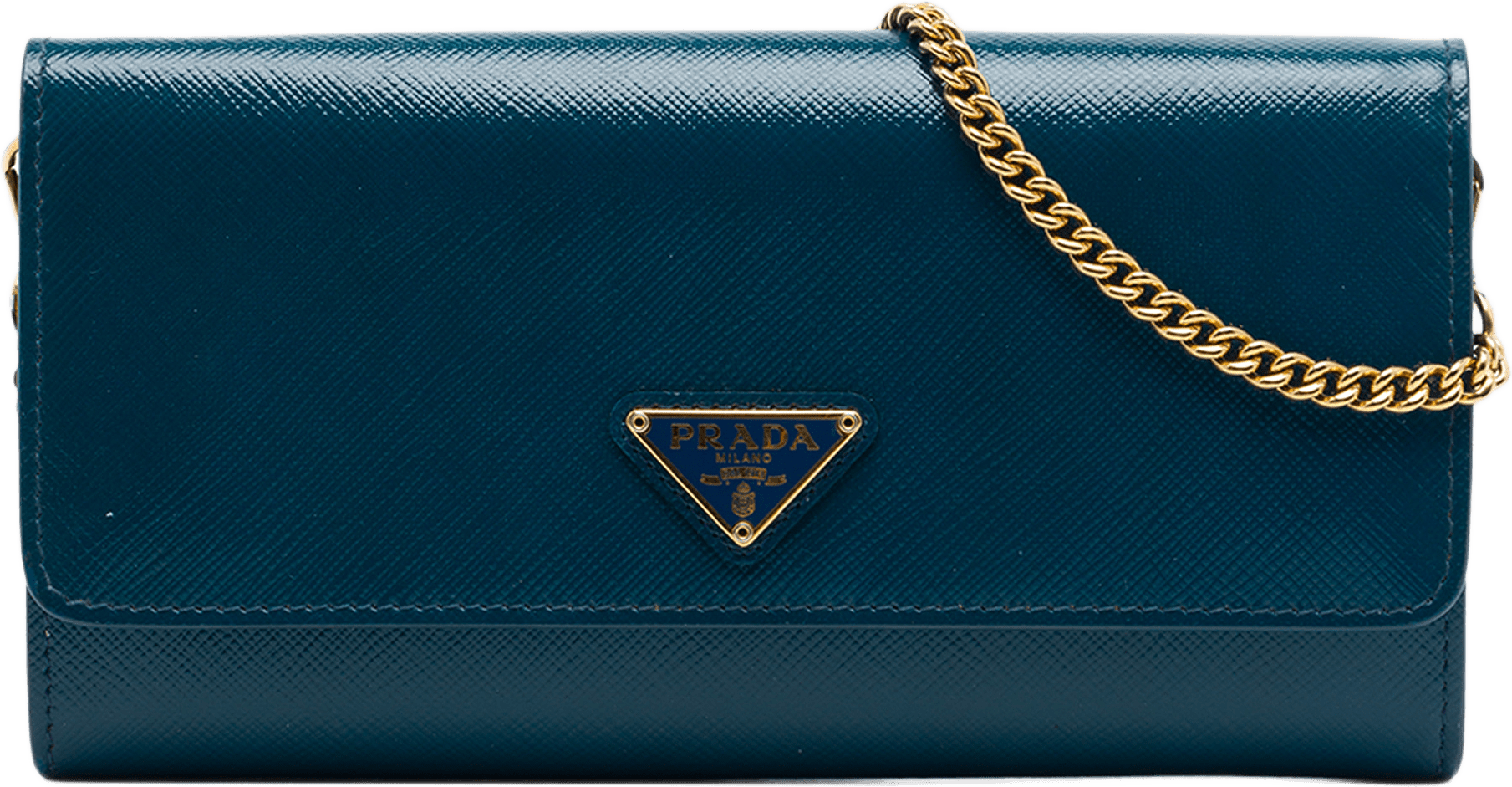 Prada Saffiano Lux Wallet On Chain, från Luxclusif, i färgen blå.