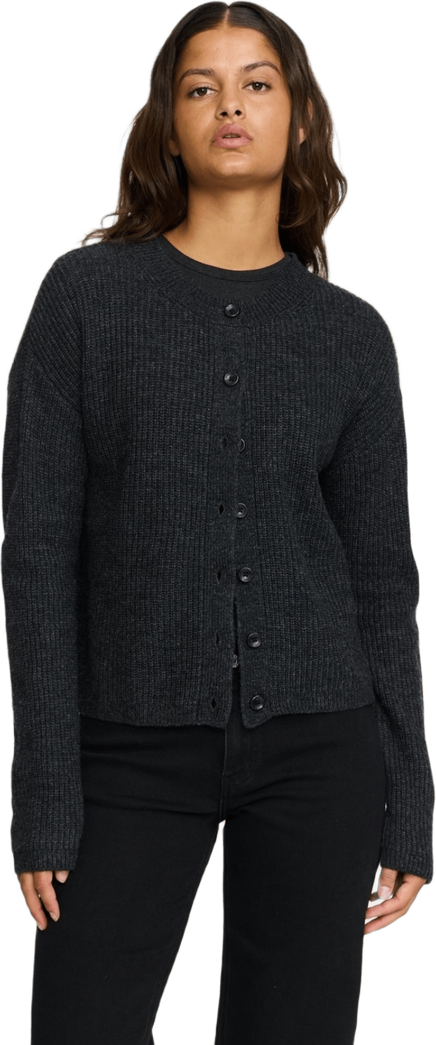 Srwest Cardigan Knit - Charcoal Melange, från Soft Rebels, i färgen charcoal melange.