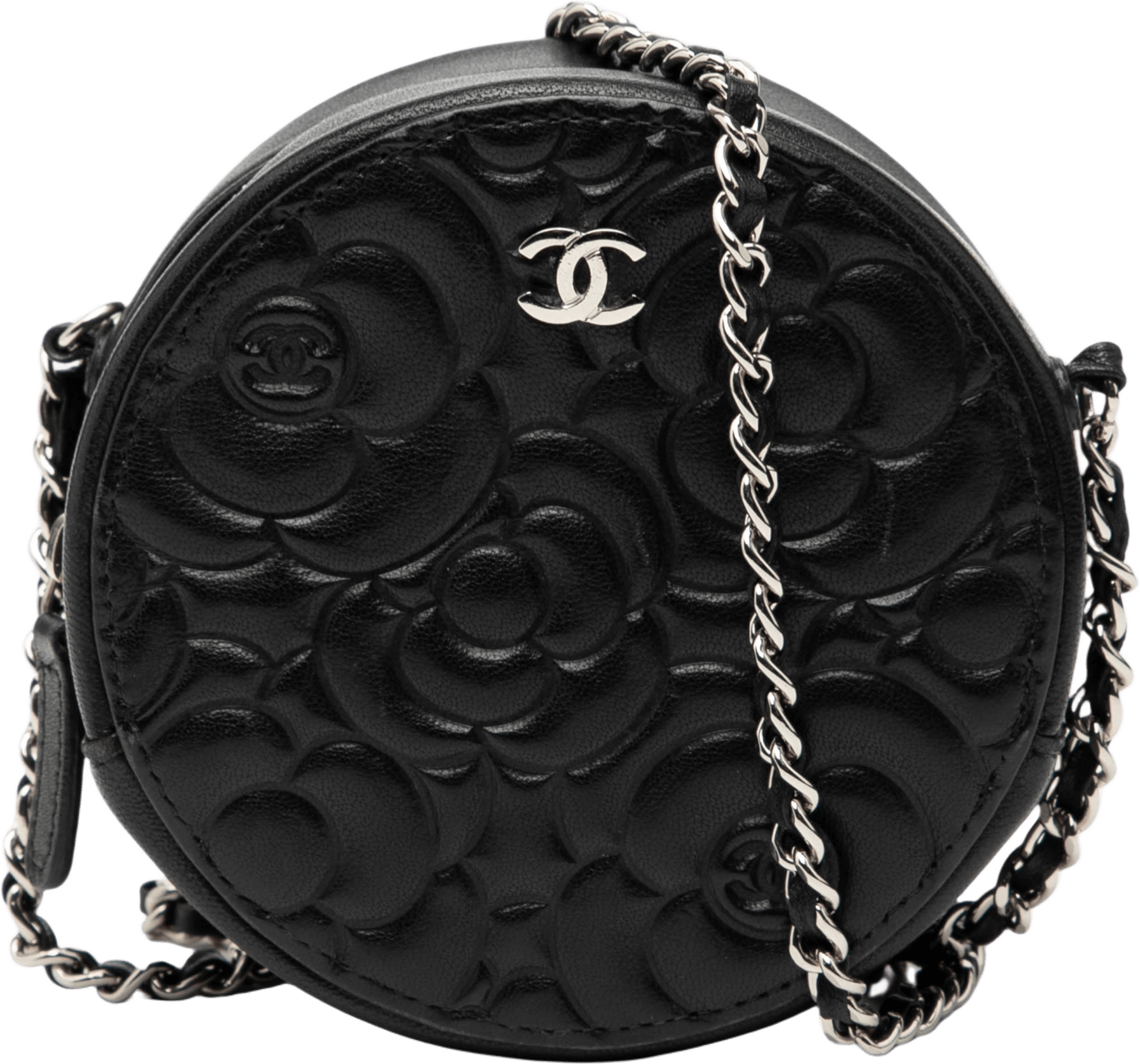 Chanel Goatskin Camellia Round Clutch With Chain, från Luxclusif, i färgen black.