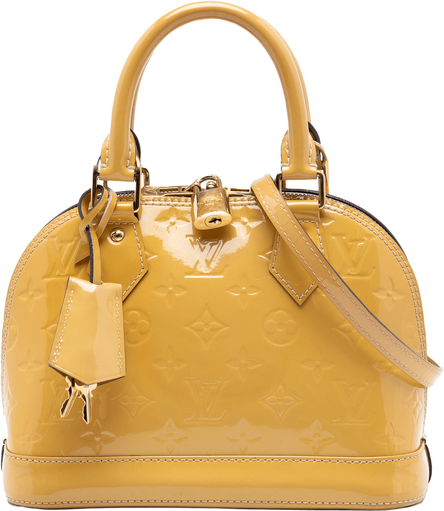 Louis Vuitton Monogram Vernis Alma Bb, från Luxclusif, i färgen yellow.