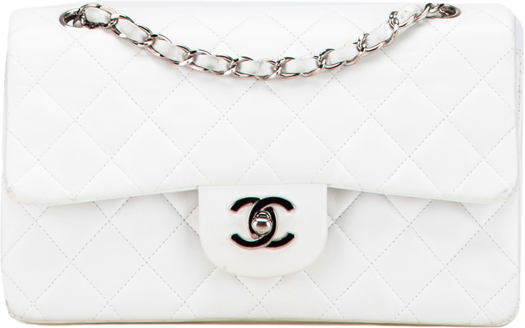Chanel Small Classic Lambskin Double Flap, från Luxclusif, i färgen white.