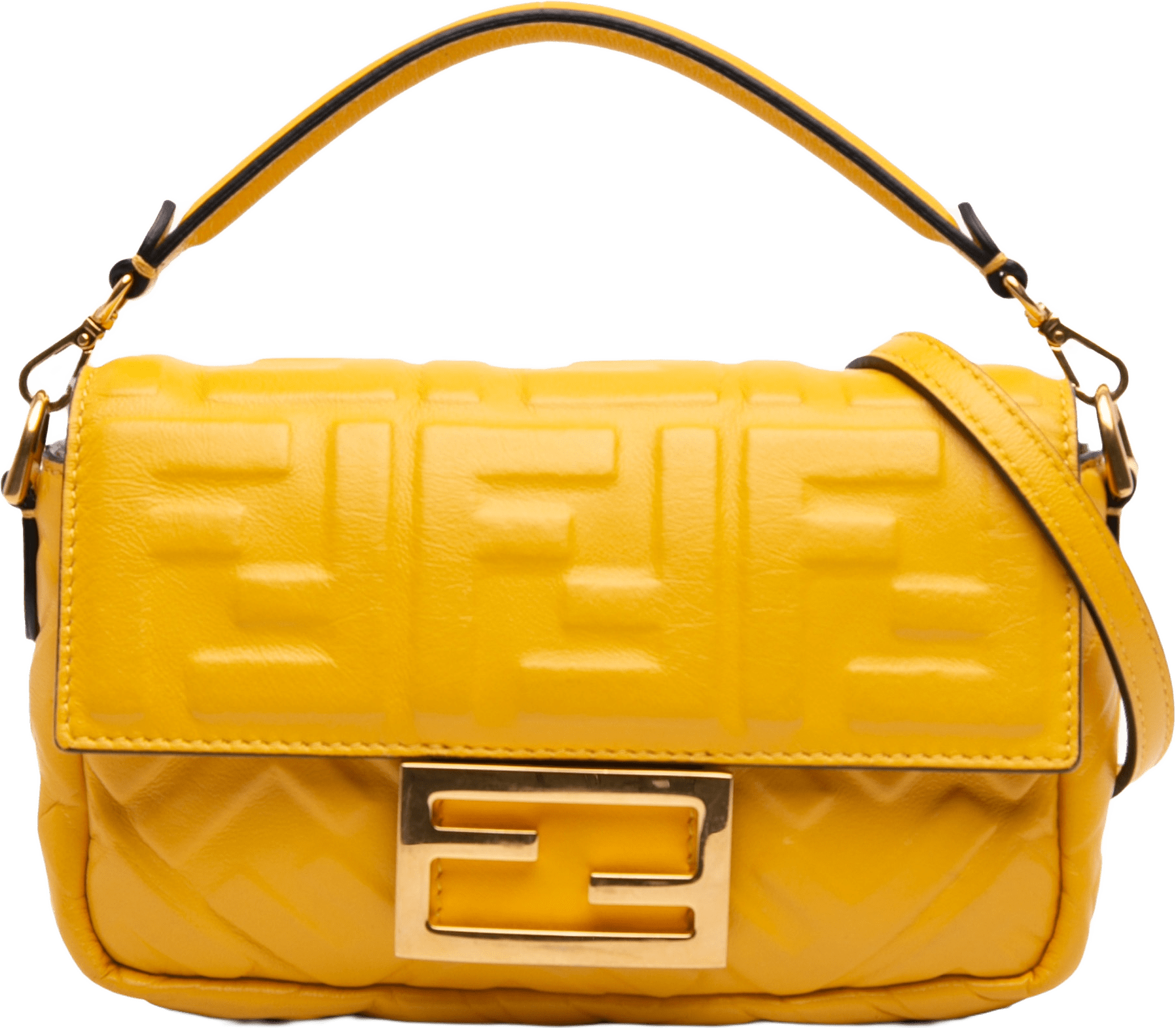 Fendi Mini Zucca Embossed Leather Baguette Satchel, från Luxclusif, i färgen mustard.
