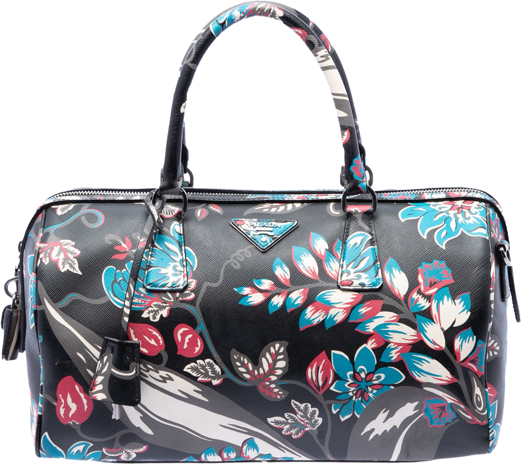 Prada Saffiano Lux Floral Print Boston Bag, från Luxclusif, i färgen black.
