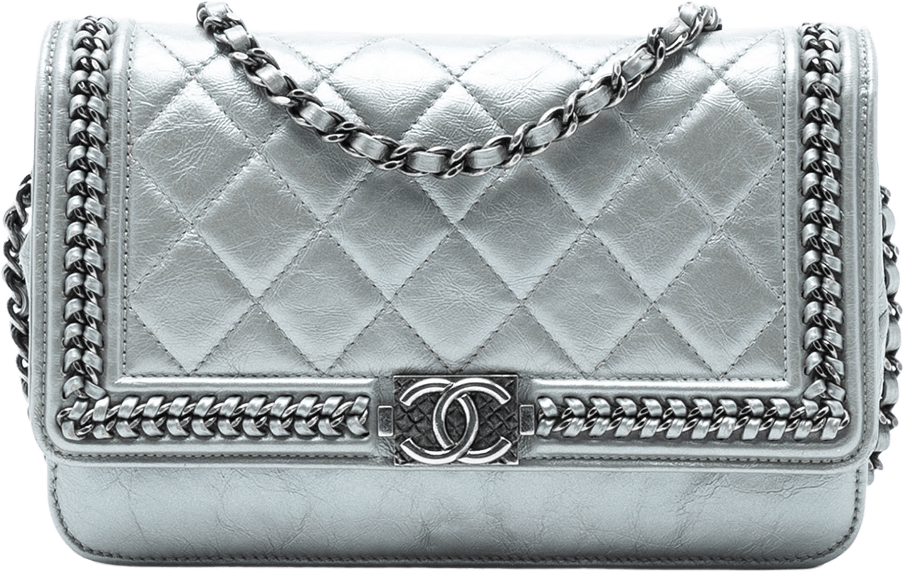 Chanel Quilted Crinkled Metallic Calfskin Boy Piped Wallet On Chain, från Luxclusif, i färgen silver.