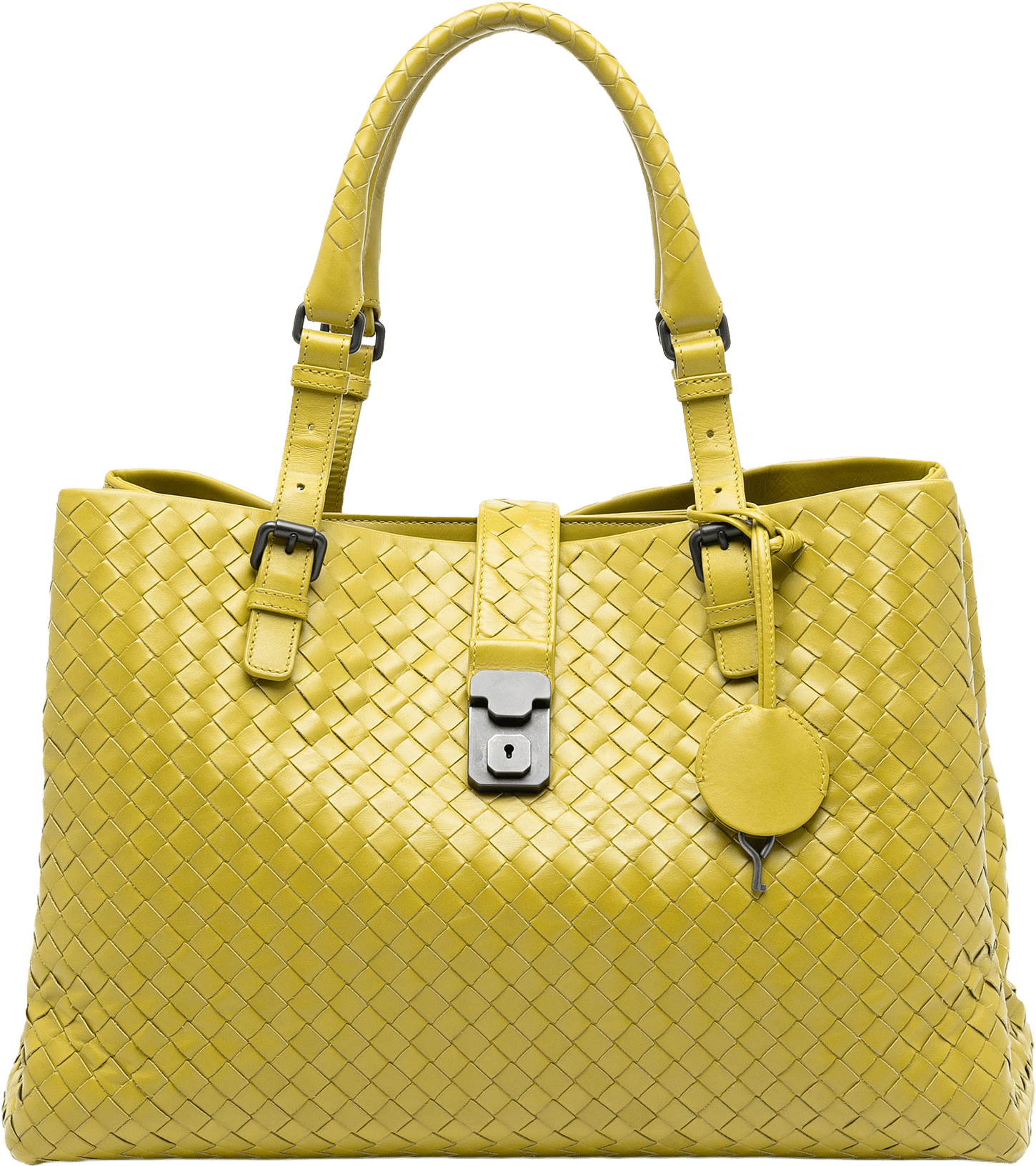 Bottega Veneta Medium Nappa Intrecciato Roma Tote, från Luxclusif, i färgen neon yellow.