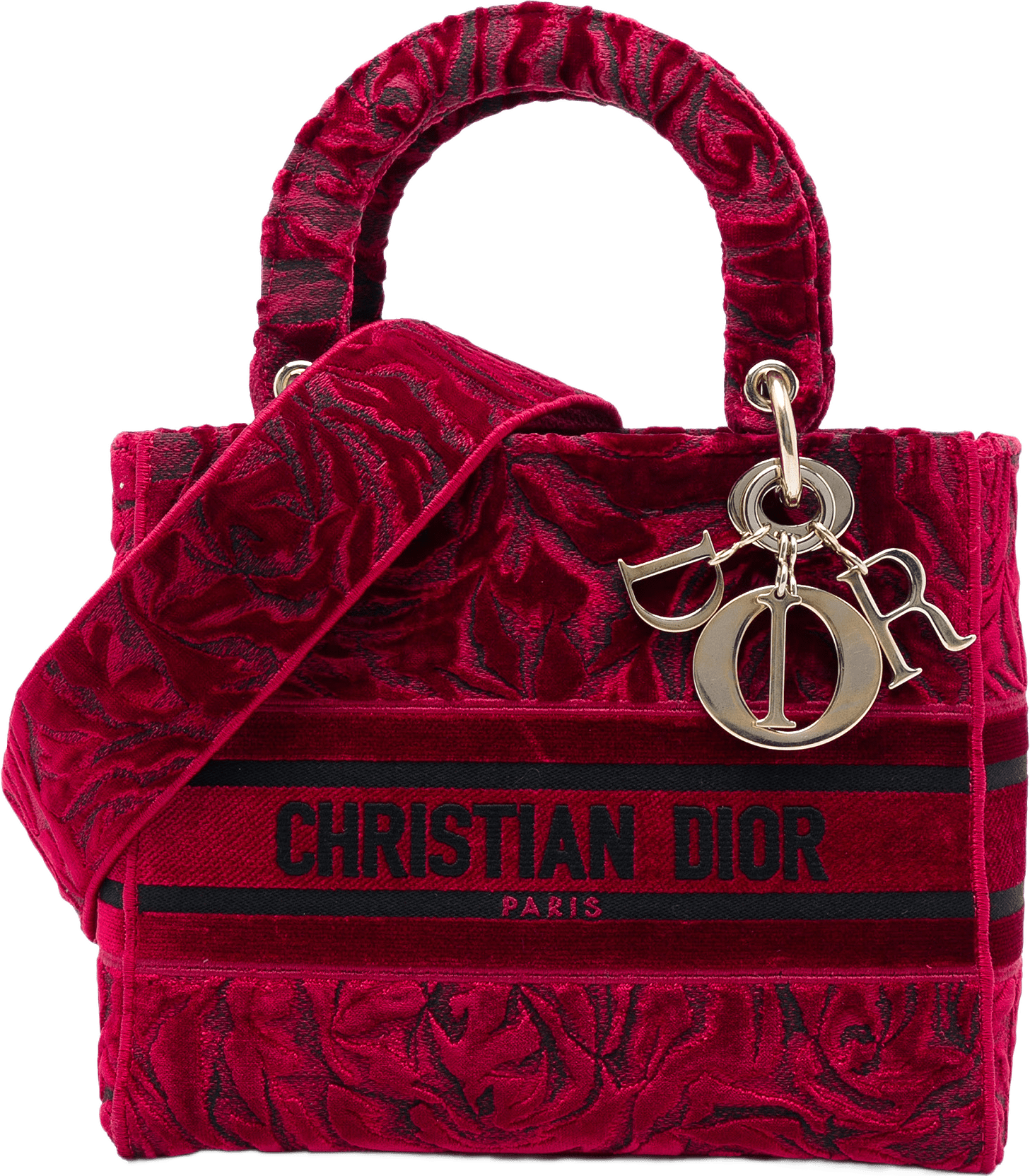Dior Medium Embroidered Velvet Roses Lady D Lite, från Luxclusif, i färgen röd.