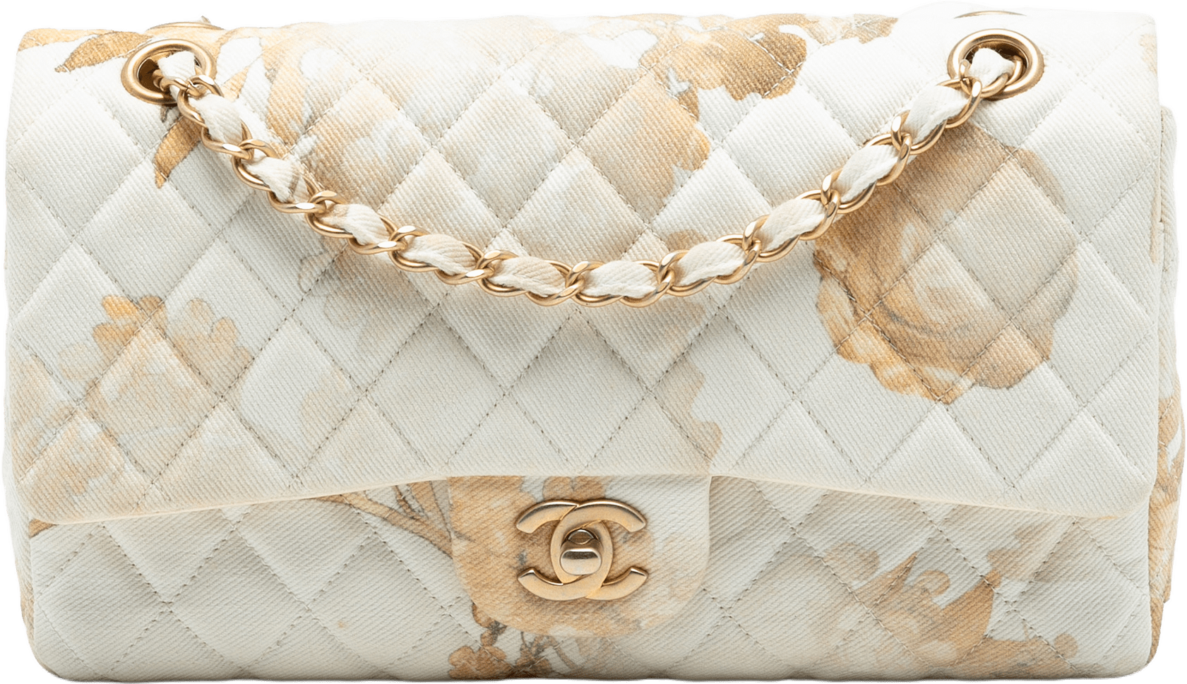 Chanel Medium Classic Printed Denim Floral Double Flap, från Luxclusif, i färgen light beige.