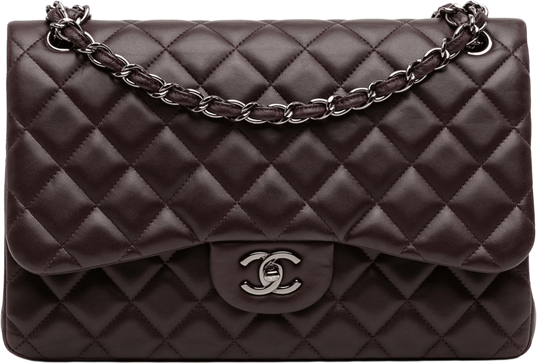 Chanel Jumbo Classic Lambskin Double Flap, från Luxclusif, i färgen plum.