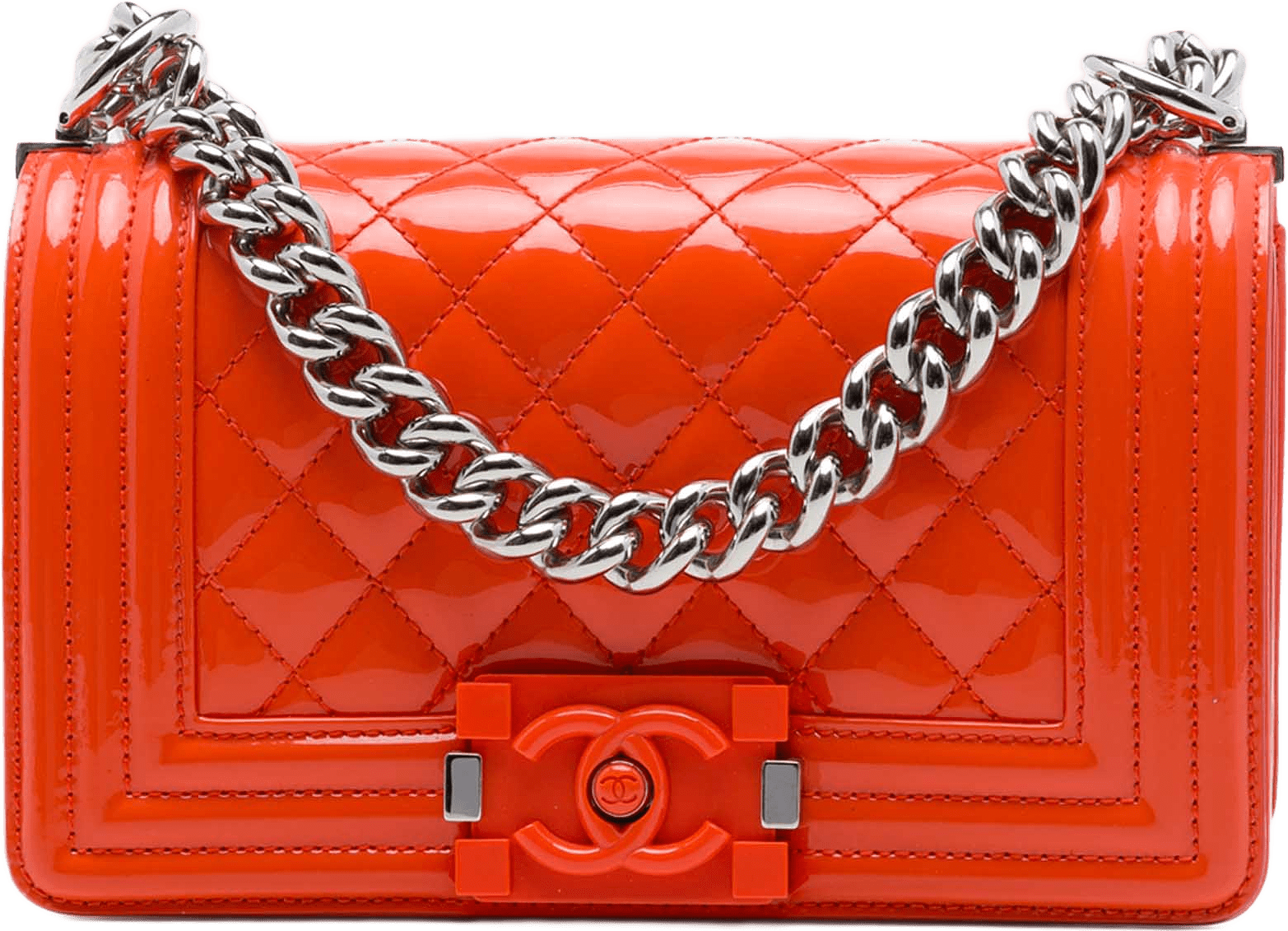 Chanel Small Quilted Patent And Acrylic Boy Flap, från Luxclusif, i färgen orange.