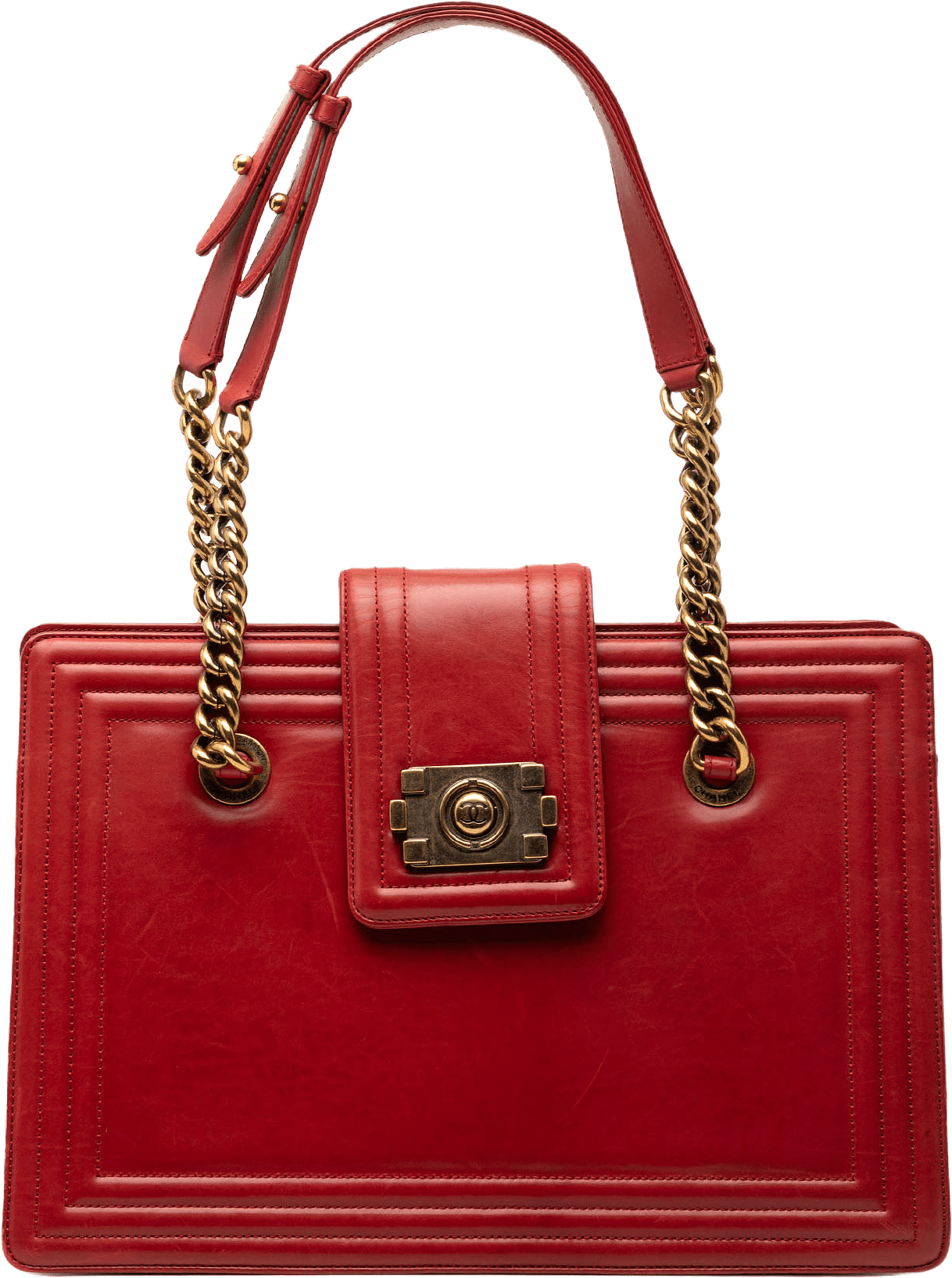 Chanel Small Calfskin Boy Jetsetter Shopping Tote, från Luxclusif, i färgen red.