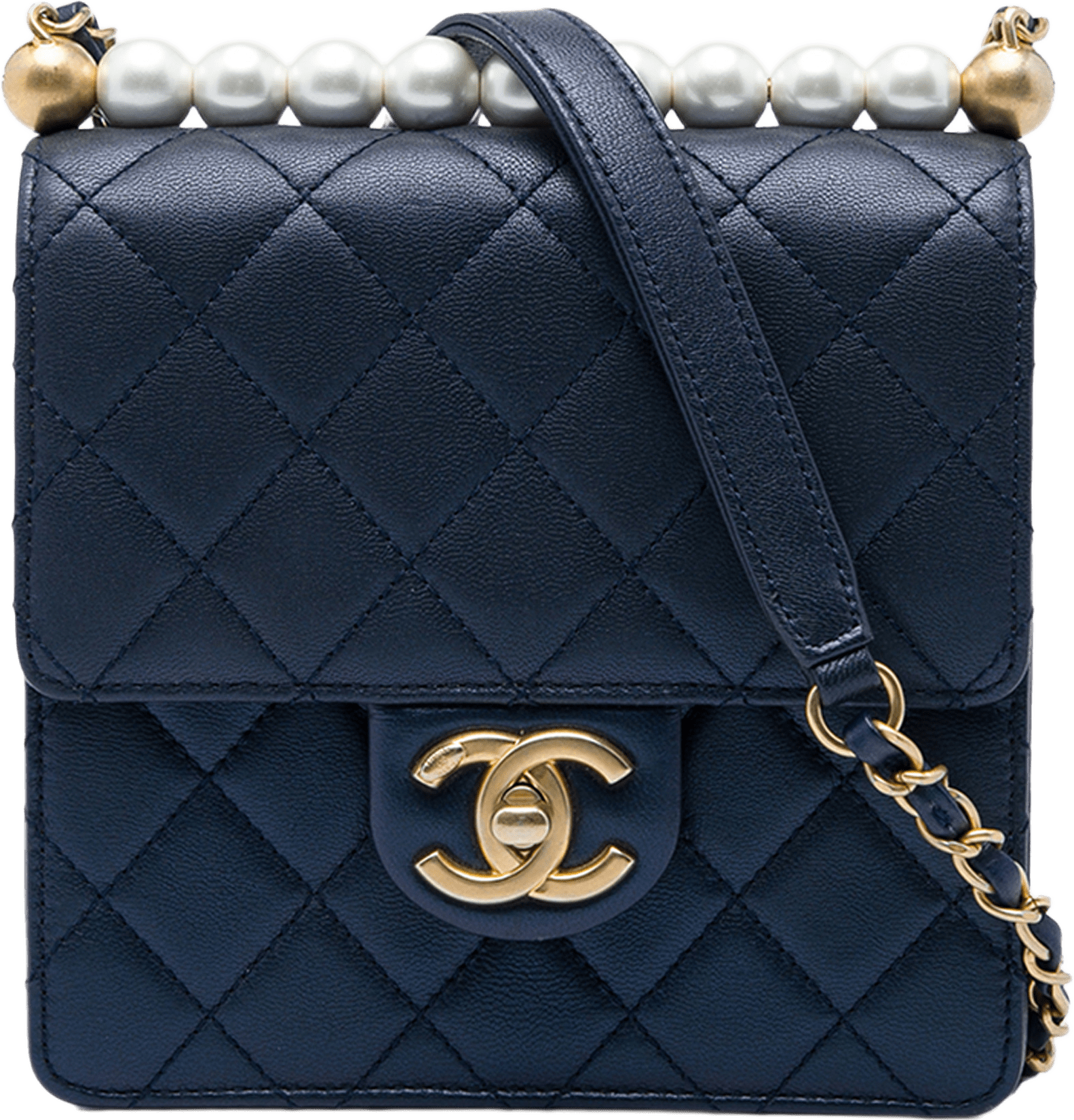 Chanel Small Quilted Lambskin Chic Pearls Flap, från Luxclusif, i färgen blå.