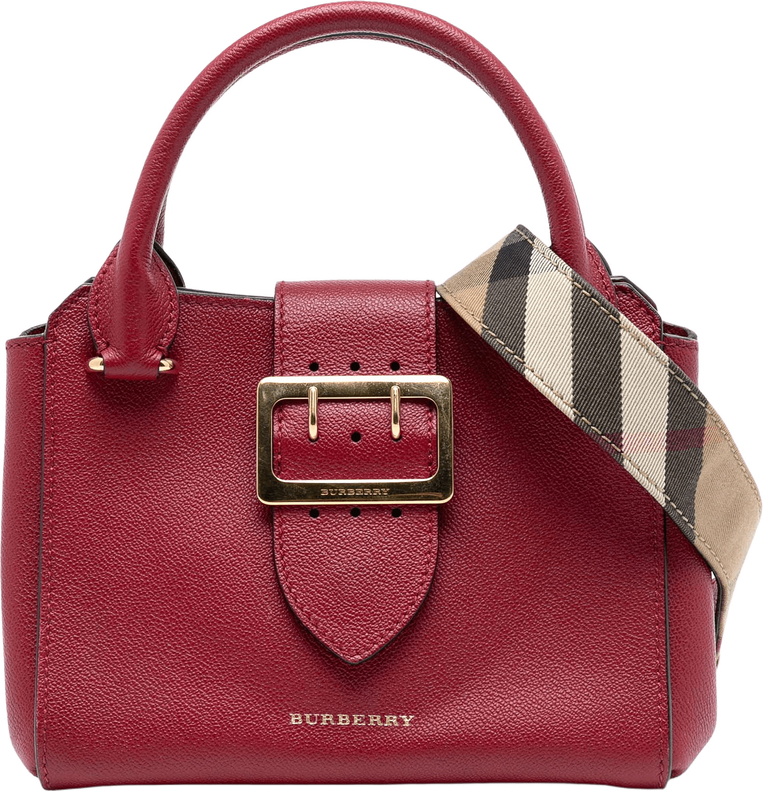Burberry Small Grained Leather Buckle Tote, från Luxclusif, i färgen red.