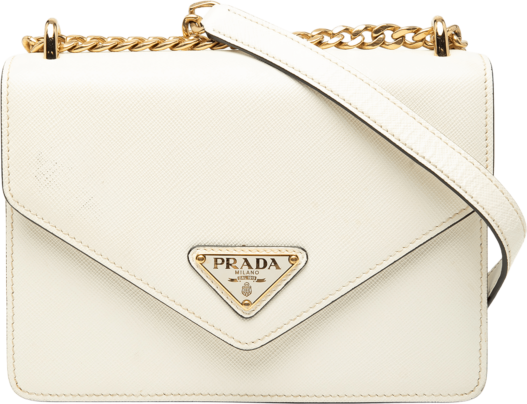 Prada Saffiano Lux Envelope Chain Flap, från Luxclusif, i färgen white.