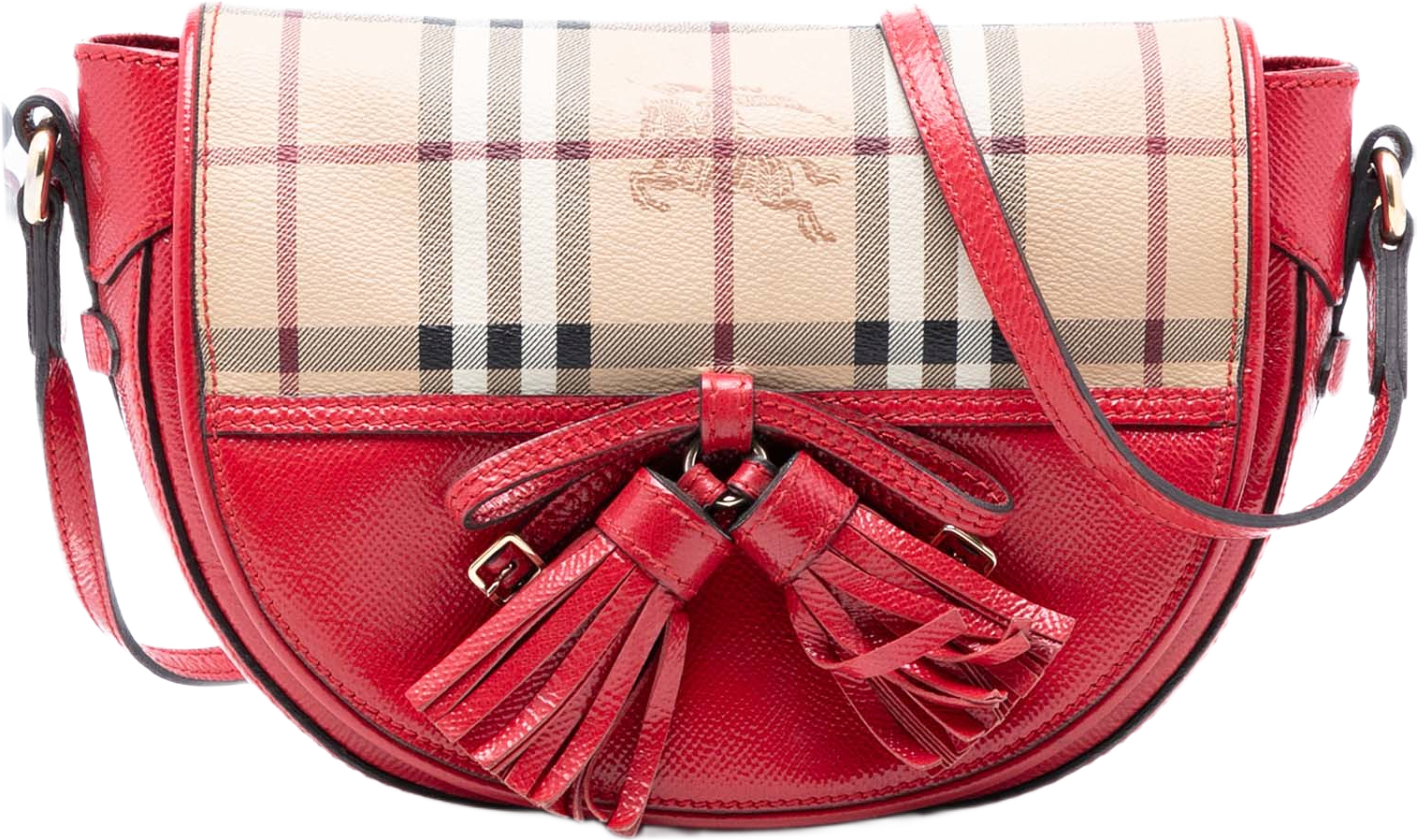 Burberry Patent Leather And Haymarket Check Coated Canvas Maydown Crossbody, från Luxclusif, i färgen red.