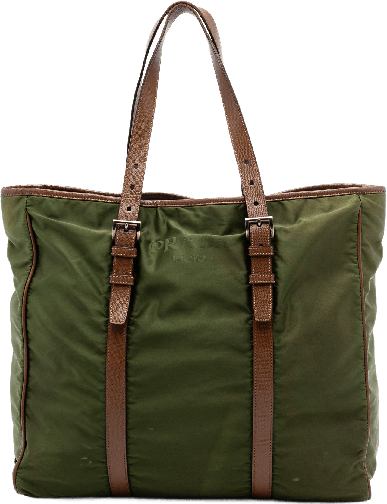 Prada Leather Trimmed Tessuto Tote, från Luxclusif, i färgen olive green.